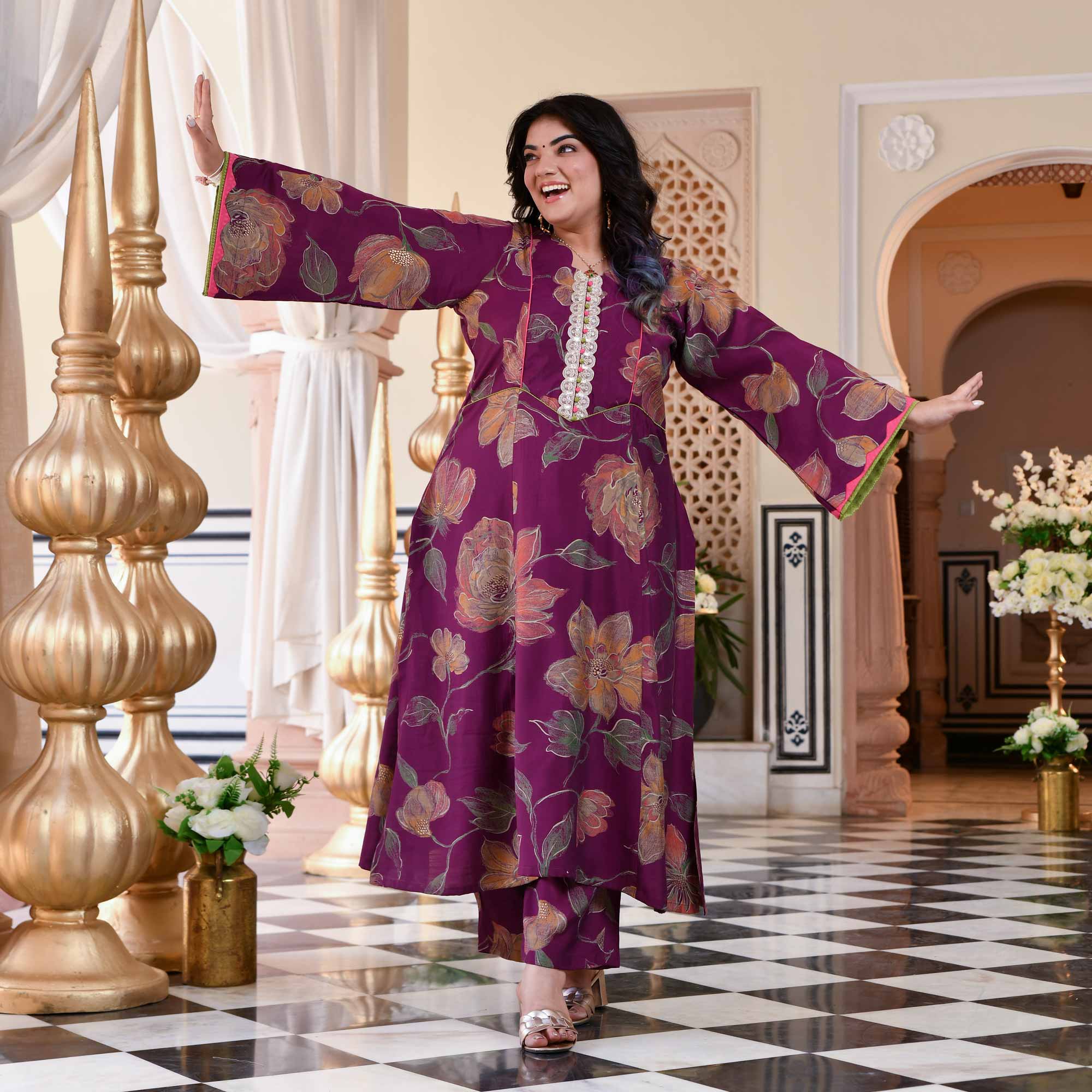 Wine Berry Floral Modal Viscose Aline Kurta Pant Set