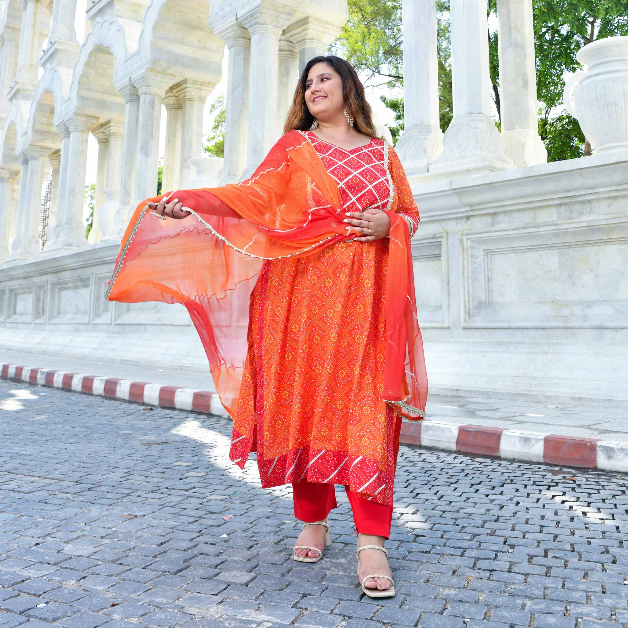 Rangrez - Red & Orange Bandhani Gota Cotton Aline Suit Set