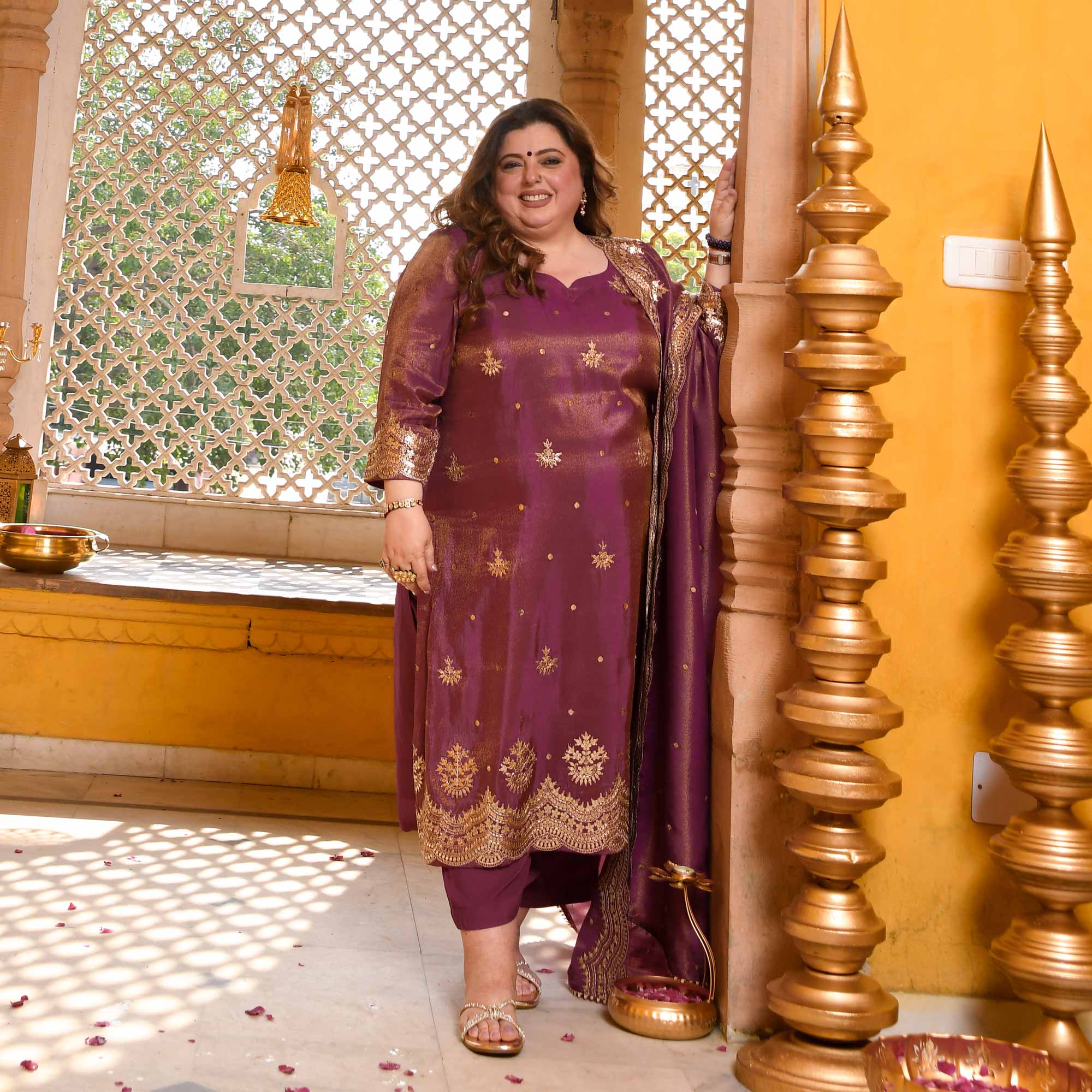 Berry Divine-Purple Pure Tissue Silk Embroidered Suit Set