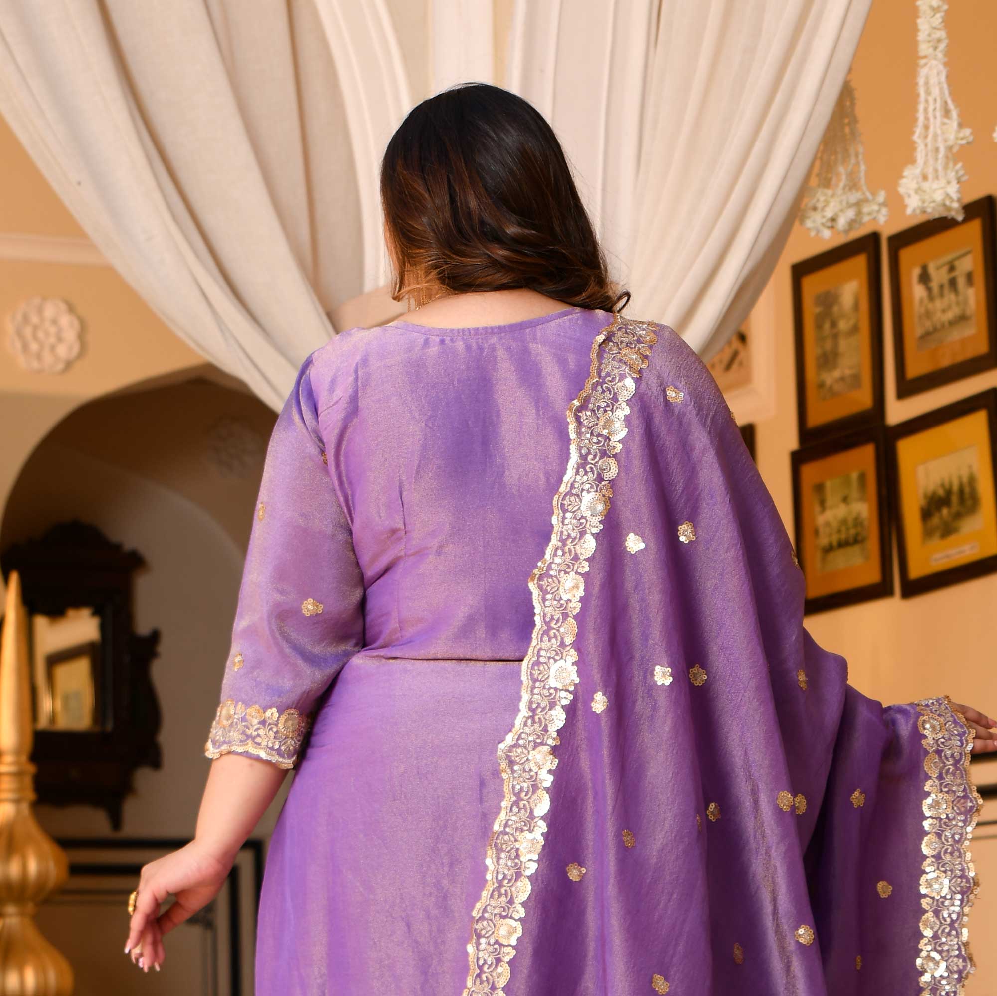 Urvashi - Wisteria Purple Sequin & Thread Embroidered Pure Tissue Silk Suit Set
