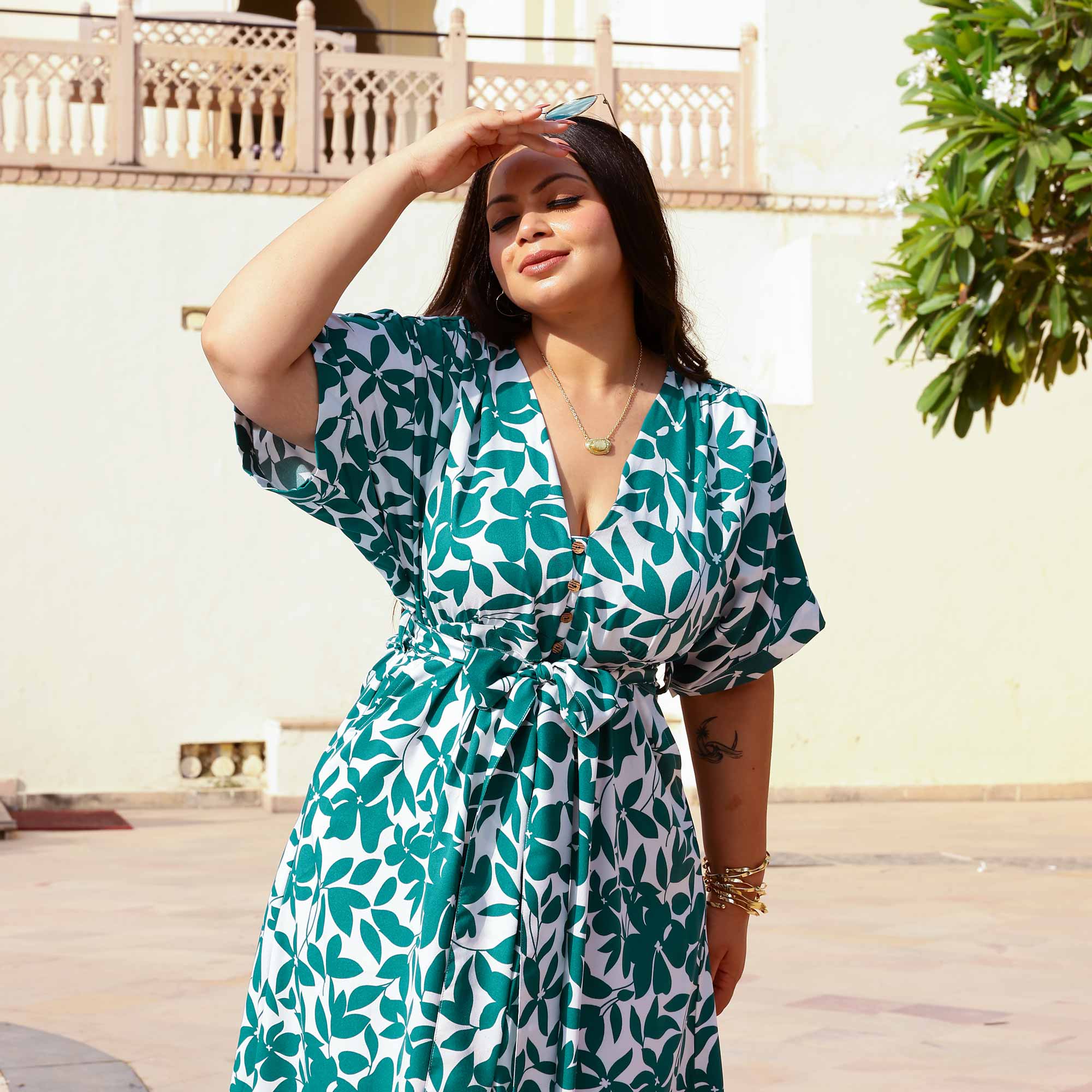 Leafy Delight Moss Crepe Aline Dress