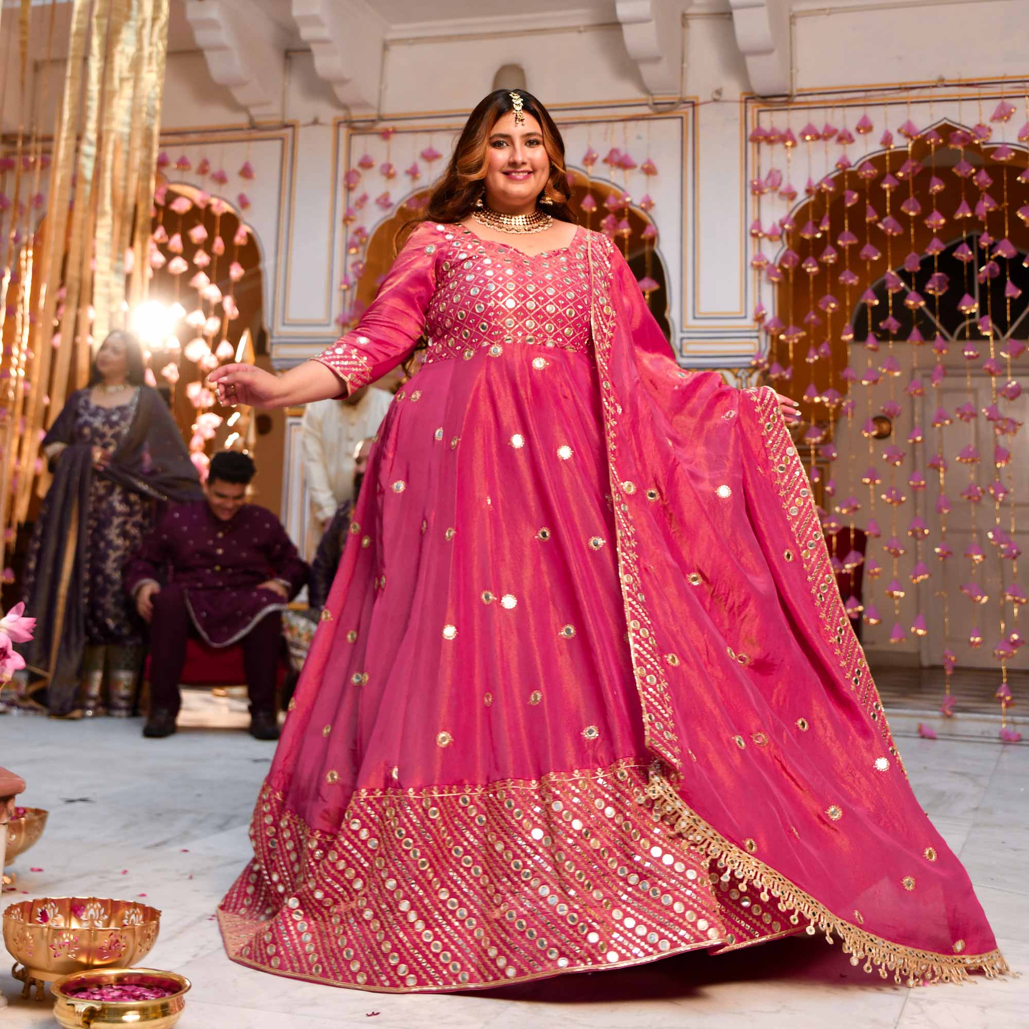 Dazzling Peony -Deep Pink Pure Tissue Silk Embroidered Anarkali Set Dazzling Peony -Deep Pink Pure Tissue Silk Embroidered Anarkali Set