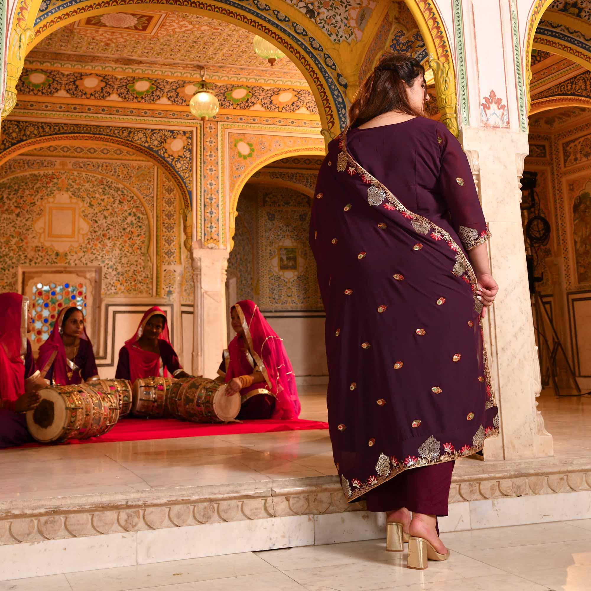 Gulnaar- Wine Embroidered Georgette Suit Set