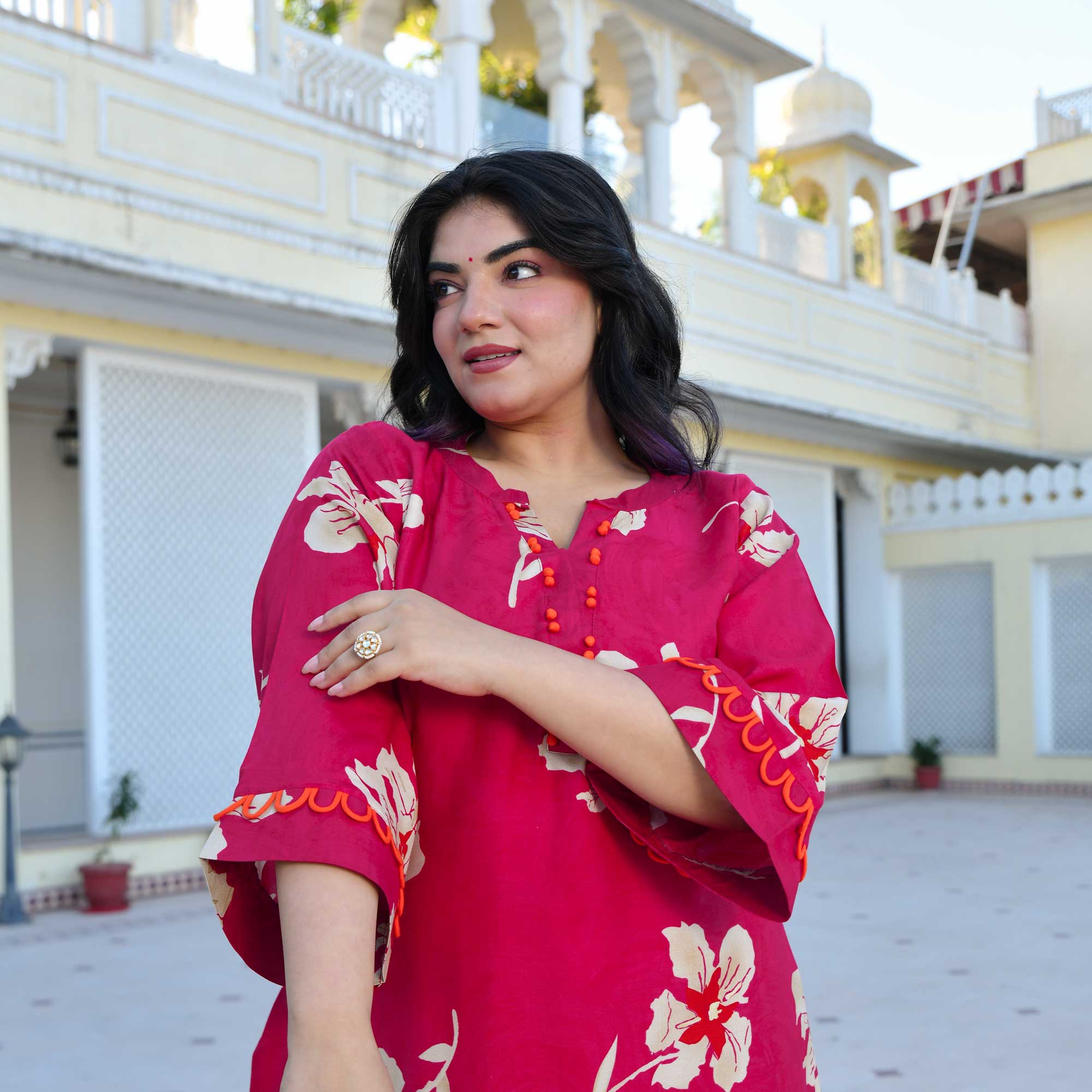 Camellia- Deep Pink Floral Print Rayon Kurta Camellia- Deep Pink Floral Print Rayon Kurta