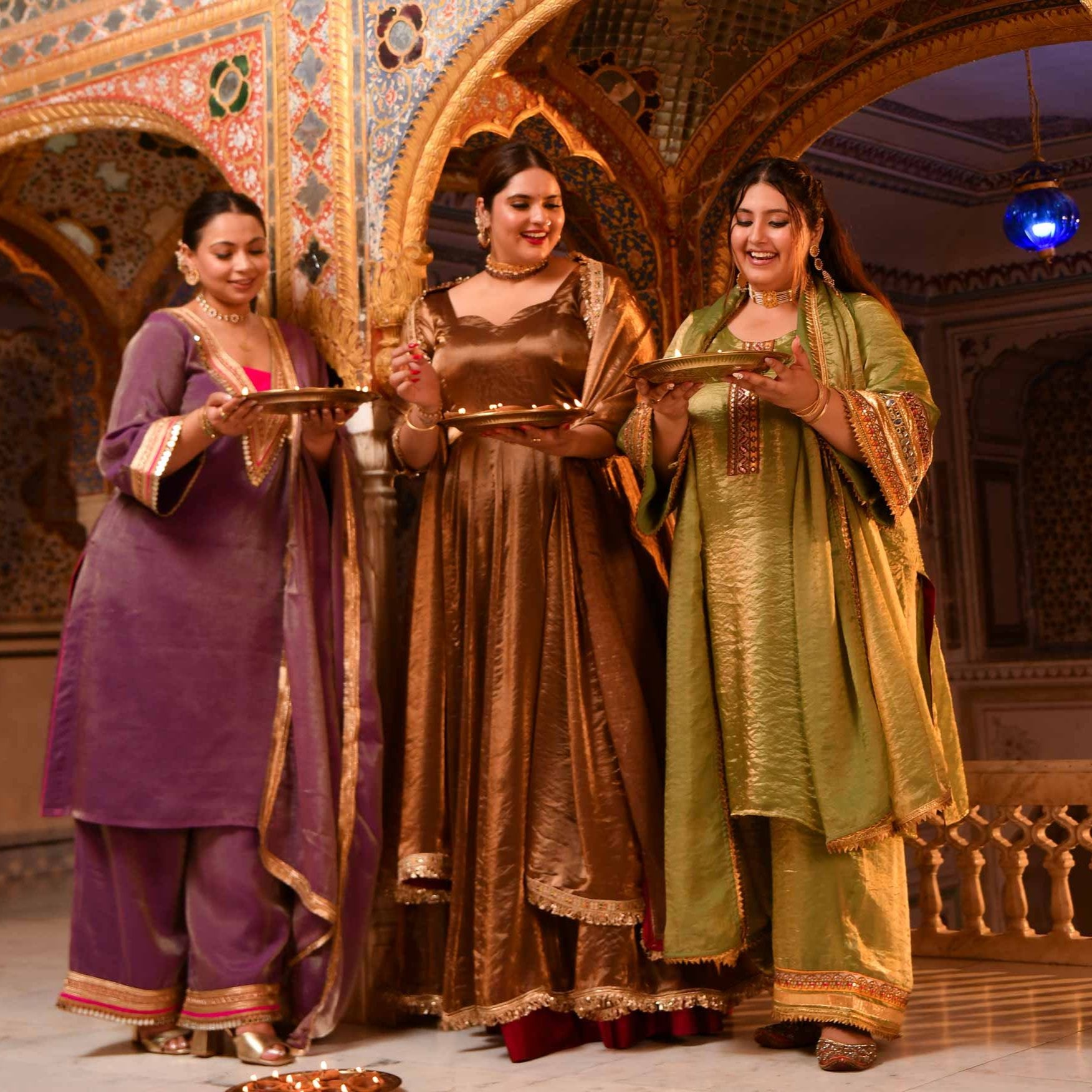 Chamakta Taaj- Copper & Gold Tissue Silk Anarkali Set
