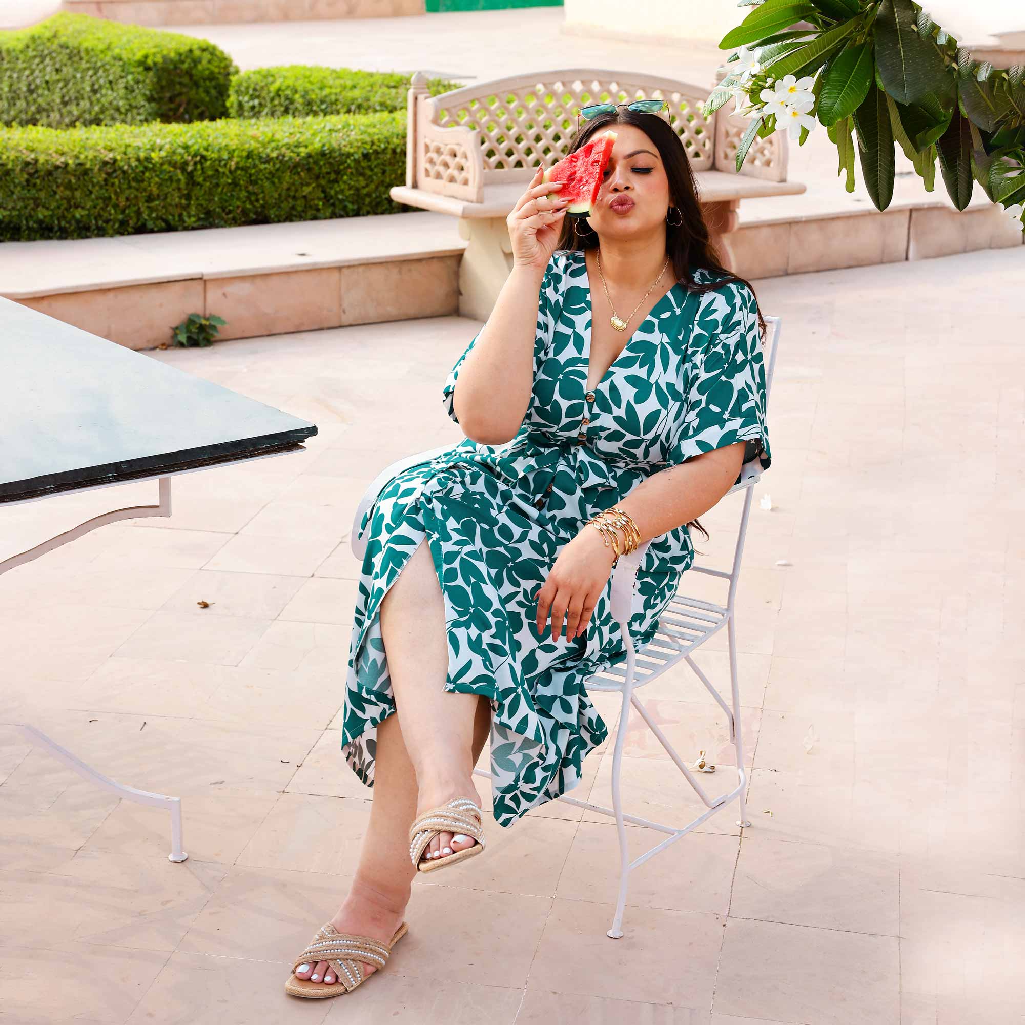 Leafy Delight Moss Crepe Aline Dress
