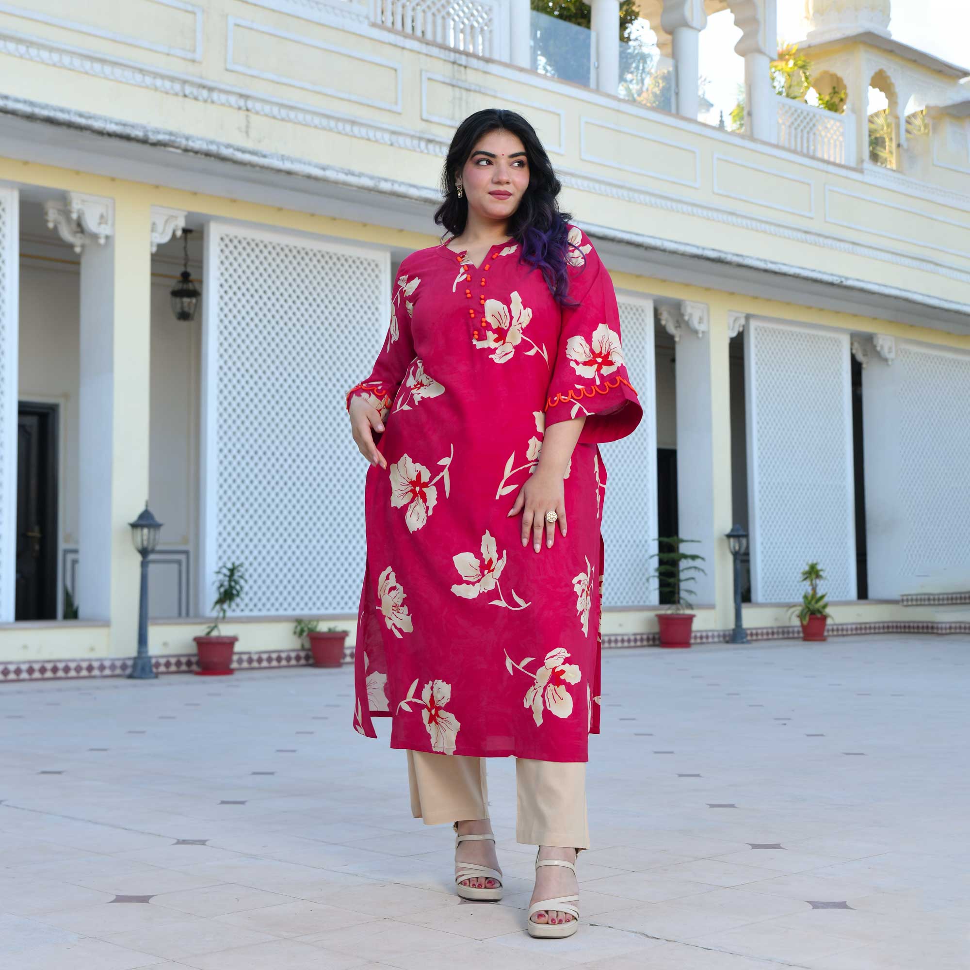 Camellia- Deep Pink Floral Print Rayon Kurta Camellia- Deep Pink Floral Print Rayon Kurta