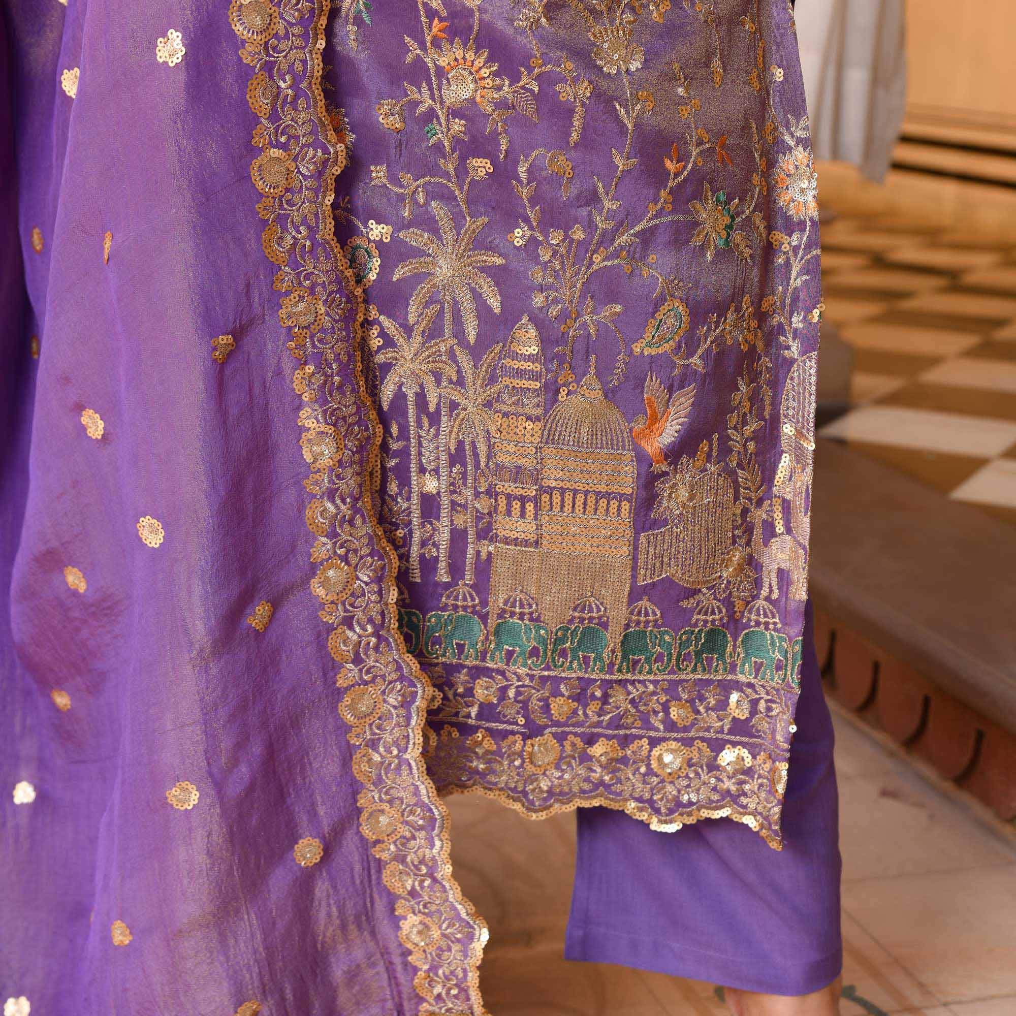 Urvashi - Wisteria Purple Sequin & Thread Embroidered Pure Tissue Silk Suit Set