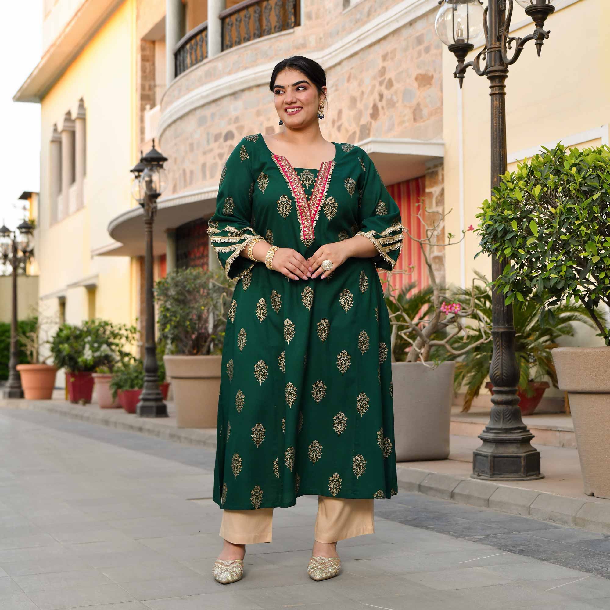 Rasiya - Green & Gold Block Printed Rayon Princess Line Kurta