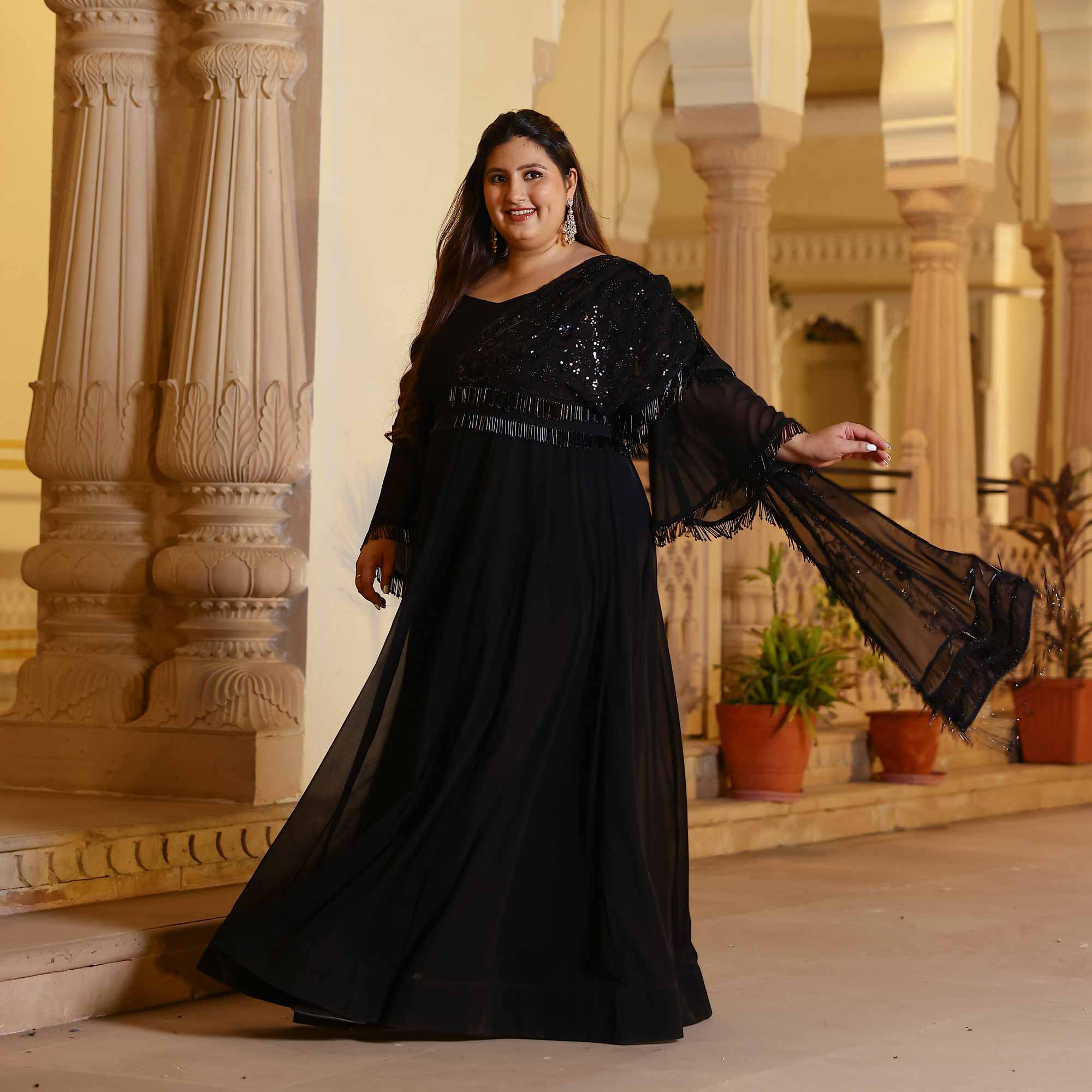 Luxe Ebony Cutdana Georgette Anarkali with Belt drape (Black) Luxe Ebony Cutdana Georgette Anarkali with Belt drape (Black)