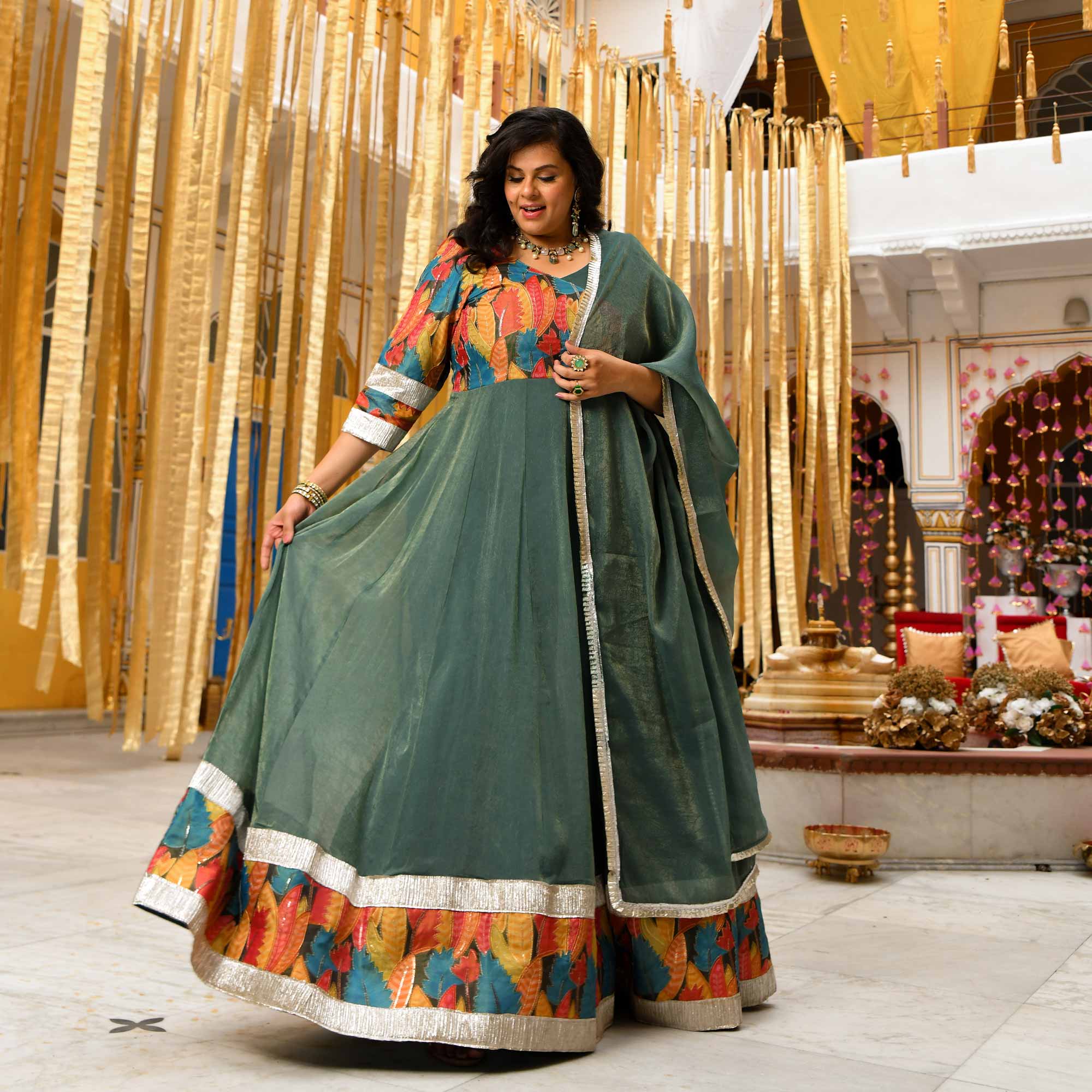 Forest Dew-Sage green Tissue Silk Anarkali Set Forest Dew-Sage green Tissue Silk Anarkali Set