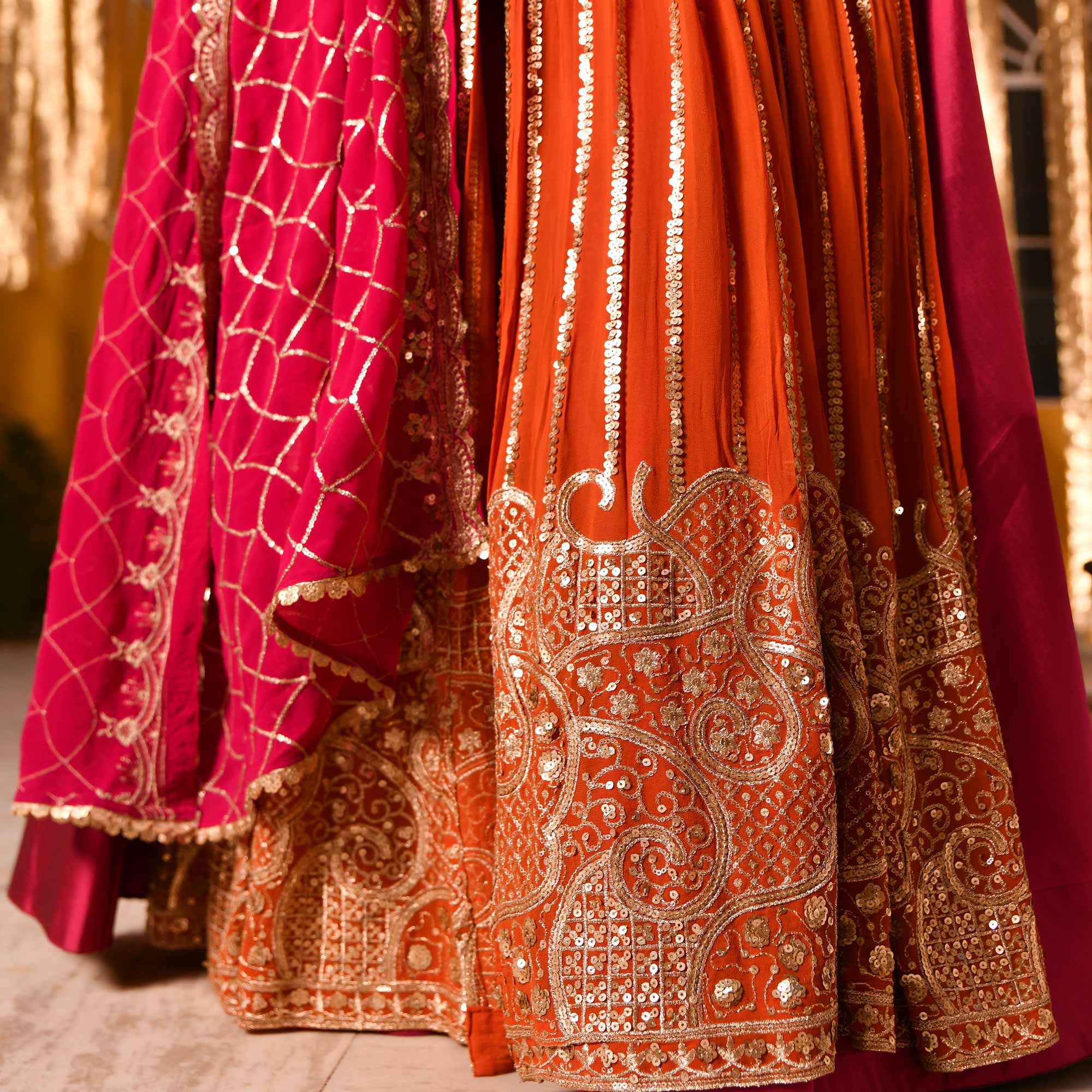 Rosette Royale - Rust Orange & Deep Pink Sequin Embroidered Pure georgette Anarkali Skirt Set Rosette Royale - Rust Orange & Deep Pink Sequin Embroidered Pure georgette Anarkali Skirt Set