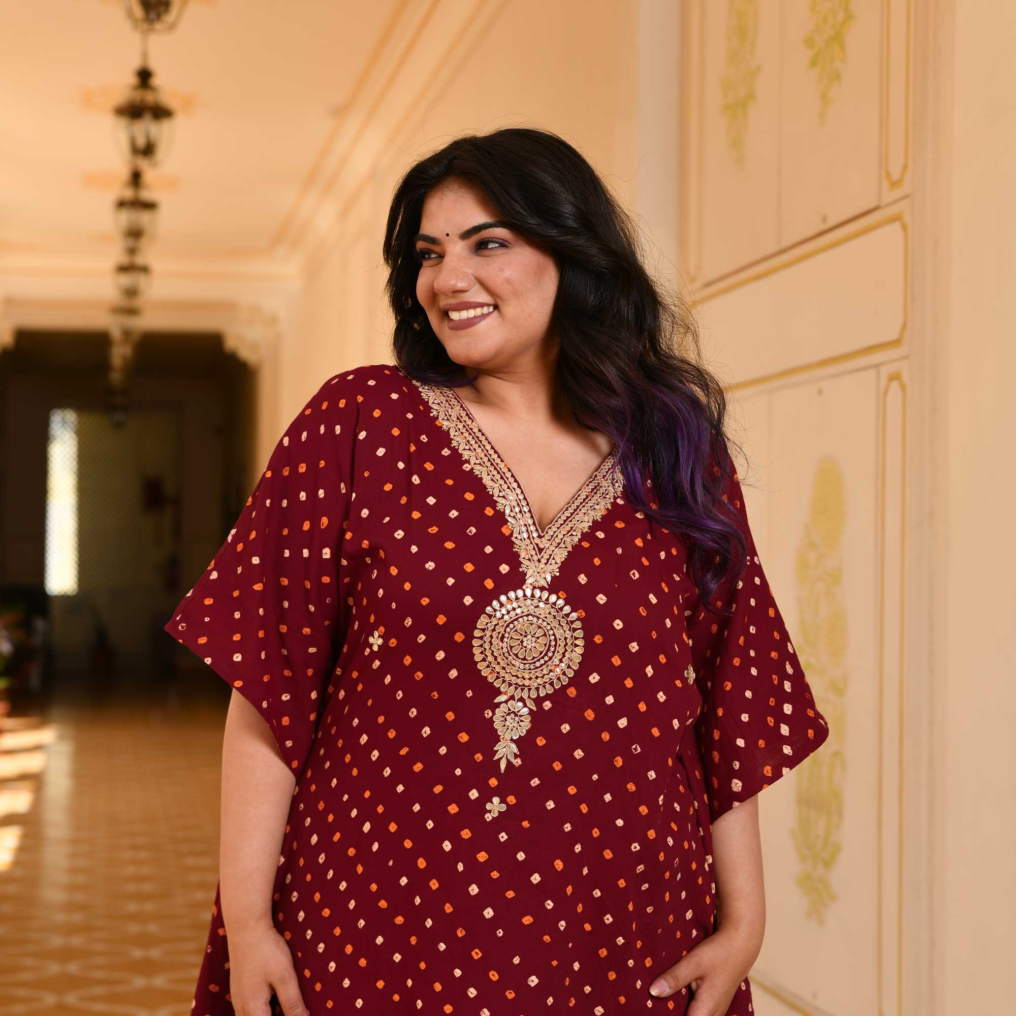 Legacy Bandhani Gota-Patti Handblock Pure Cotton Kaftan Set