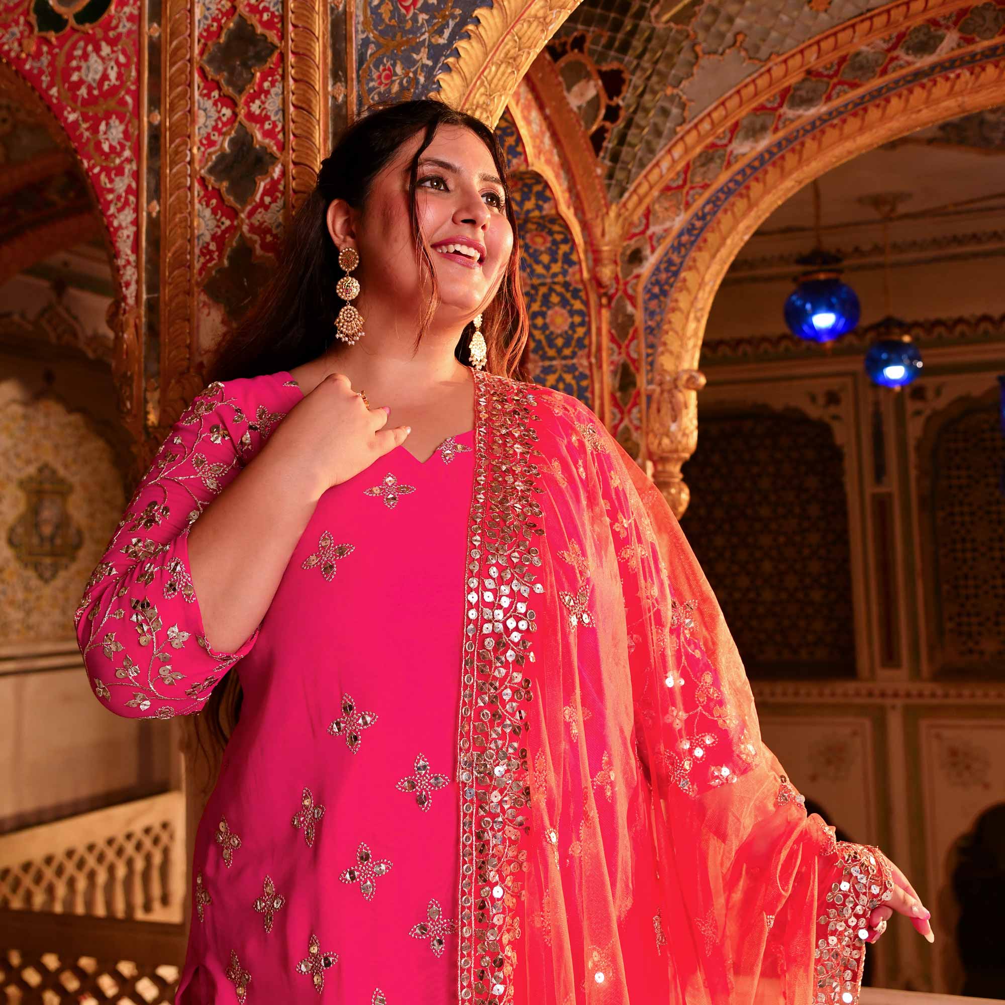 Pink Flame Mirror Embroidered Pure Georgette Suit Set