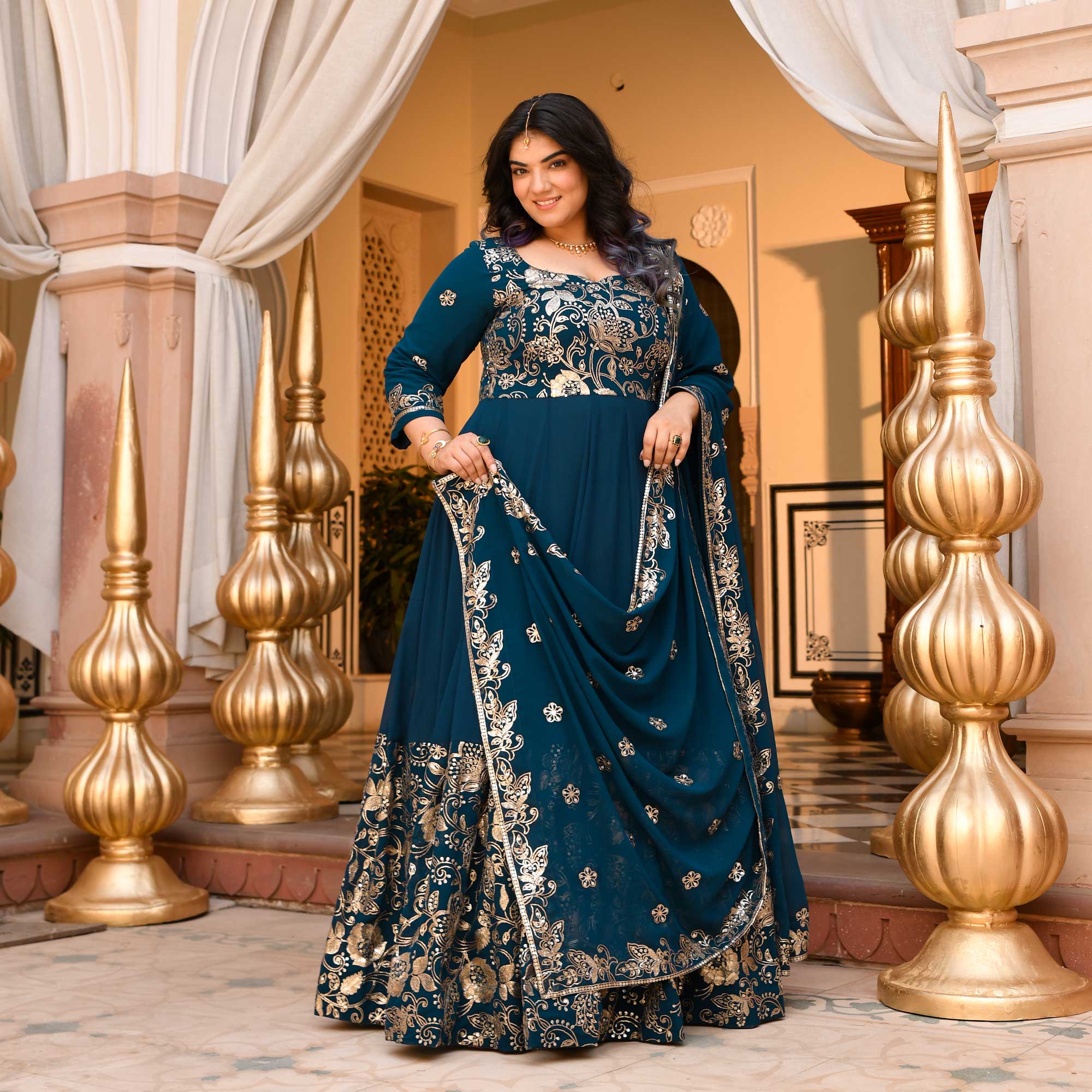 Jahnvi - Deep Prussian Blue Sequin Embroidered Georgette Anarkali Set