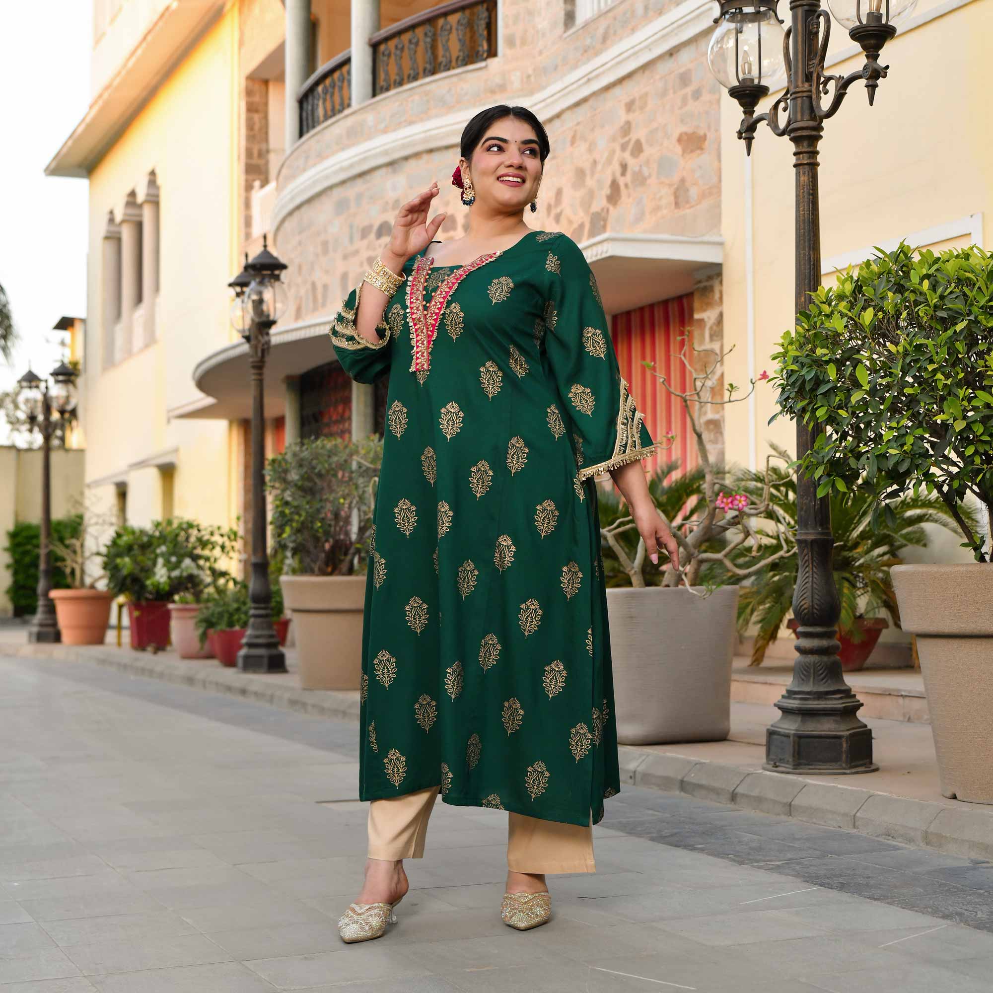 Rasiya - Green & Gold Block Printed Rayon Princess Line Kurta