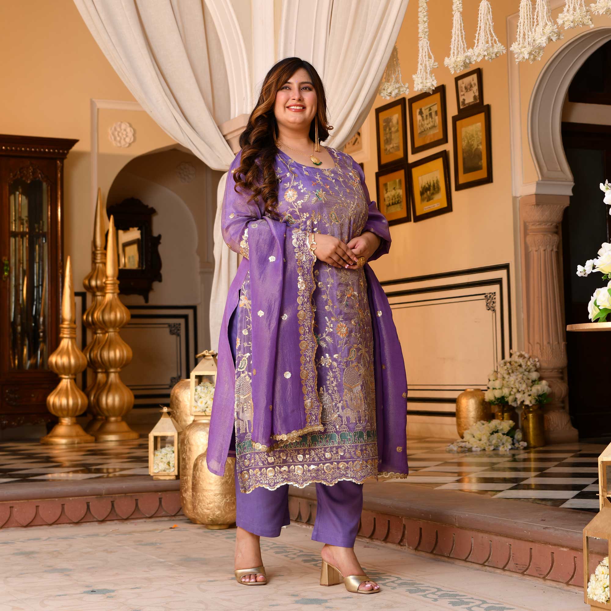 Urvashi - Wisteria Purple Sequin & Thread Embroidered Pure Tissue Silk Suit Set