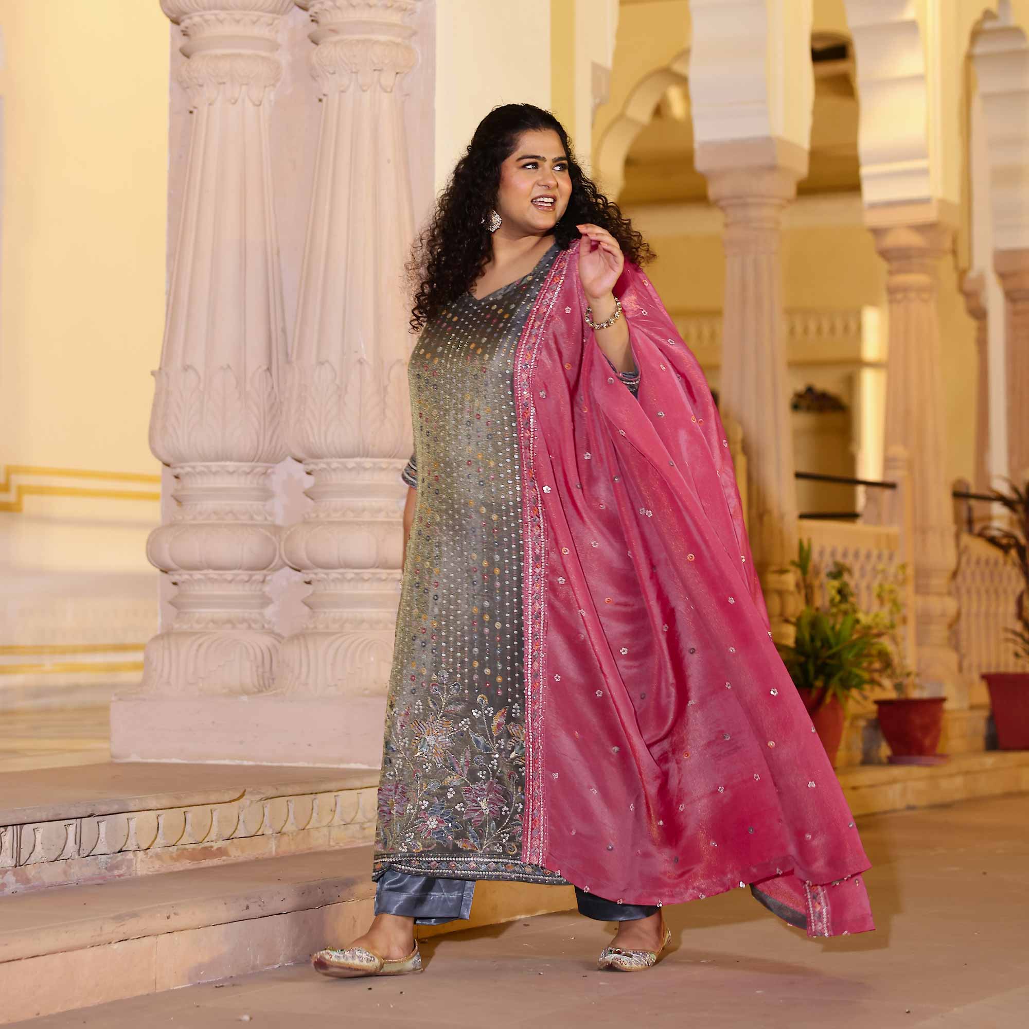 Grey Grace & Rose Sequin Embroidered Tissue Silk Suit Set