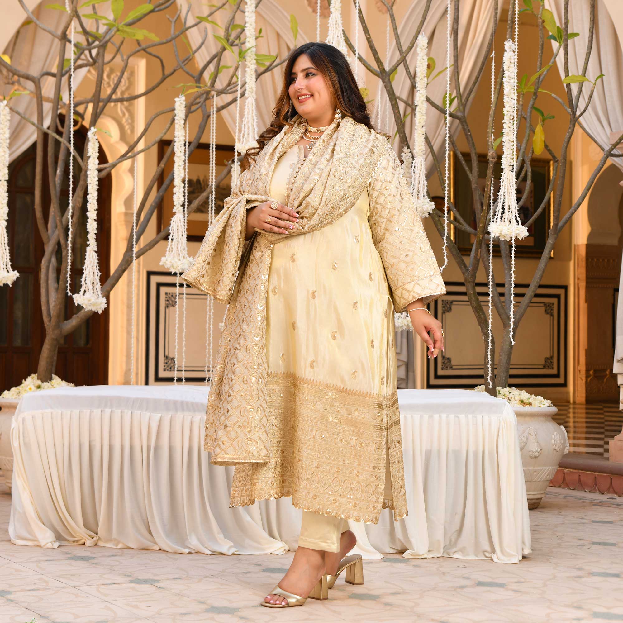 SAHIBA - Ivory & Gold Sequin Embroidered Pure Tissue Silk Suit Set