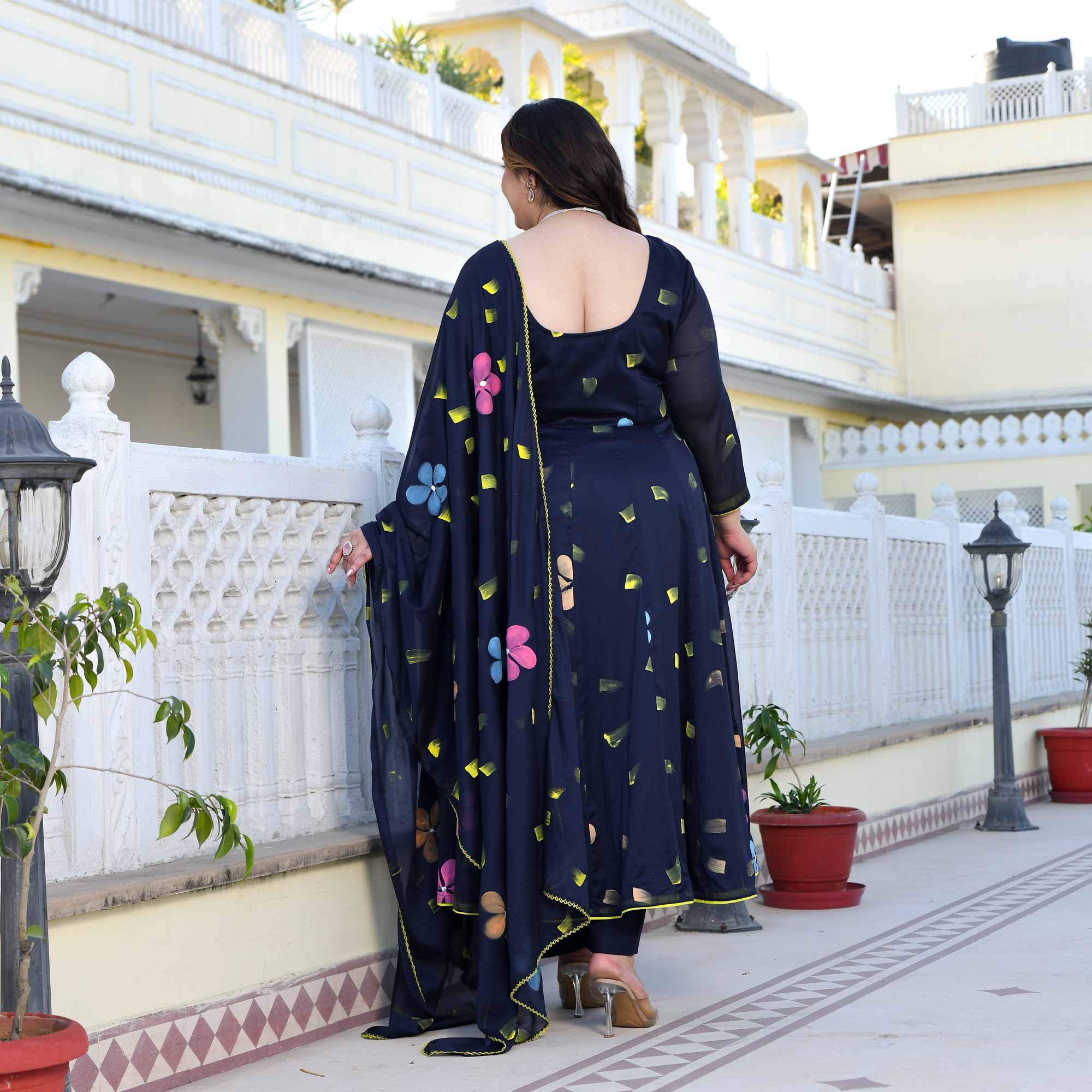Oxford Stroke- Deep Blue Hand Painted Anarkali Set