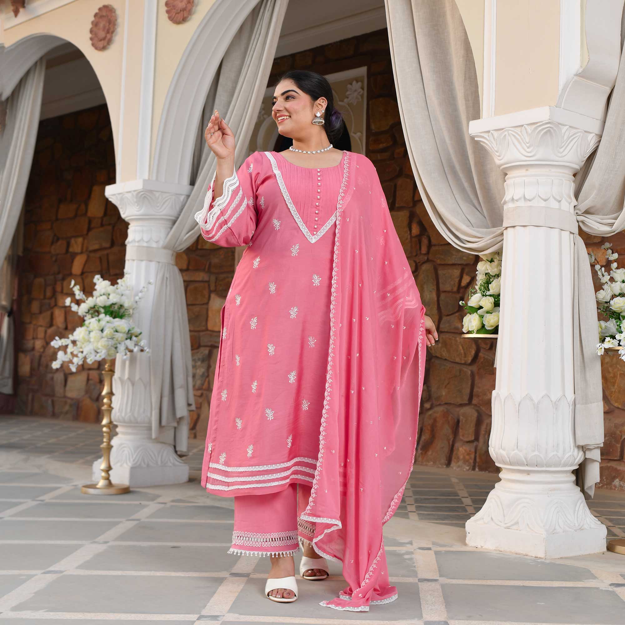Cadillac Pink Thread Embroidered Muslin Suit Set