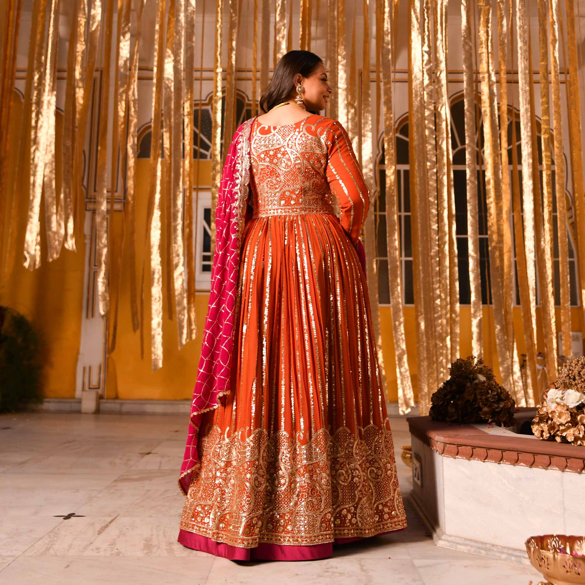 Rosette Royale - Rust Orange & Deep Pink Sequin Embroidered Pure georgette Anarkali Skirt Set Rosette Royale - Rust Orange & Deep Pink Sequin Embroidered Pure georgette Anarkali Skirt Set