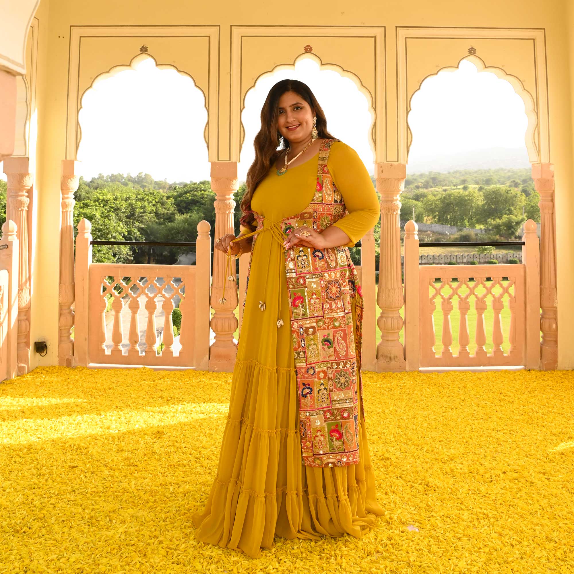 Royal Glow Tiered Dress With Embroidered Cape Royal Glow Tiered Dress With Embroidered Cape