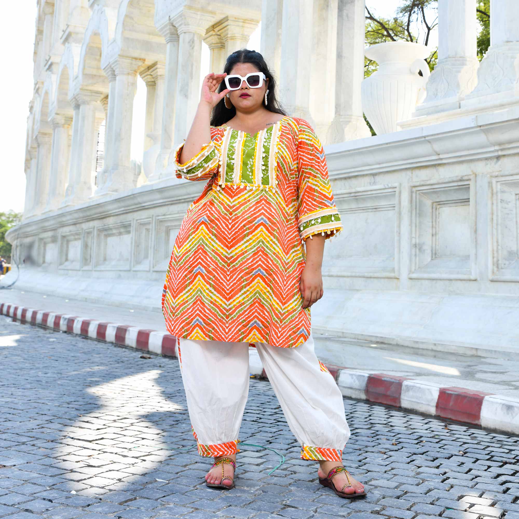 Tangy Splash - Orange Leheriya Cotton Bohemian Set
