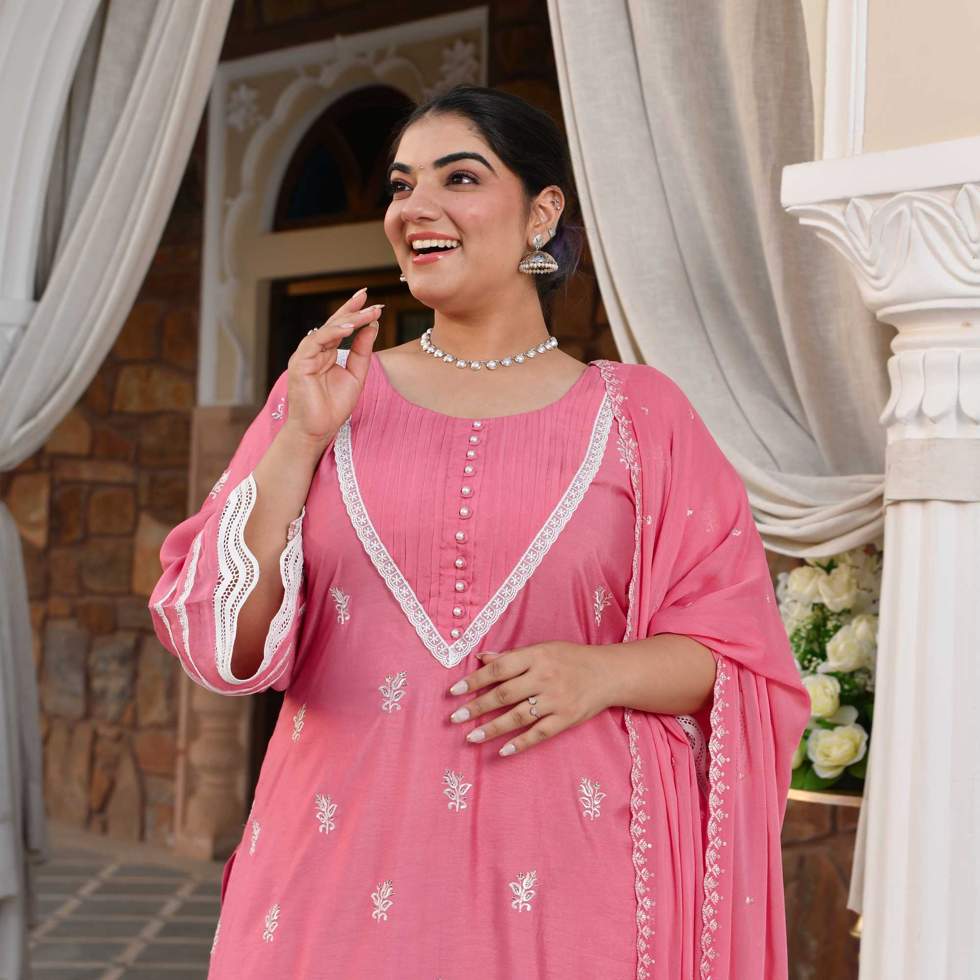 Cadillac Pink Thread Embroidered Muslin Suit Set
