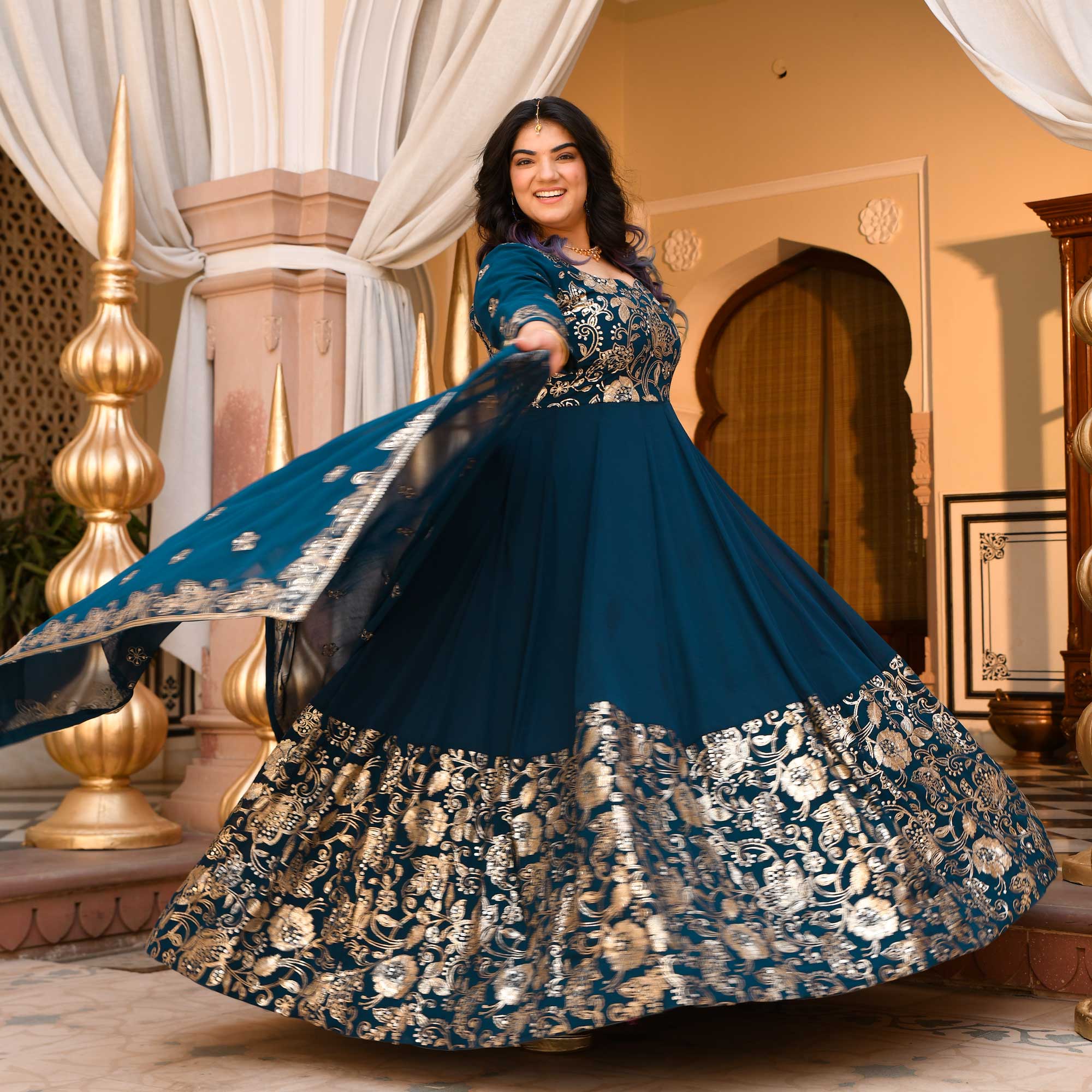 Jahnvi - Deep Prussian Blue Sequin Embroidered Georgette Anarkali Set