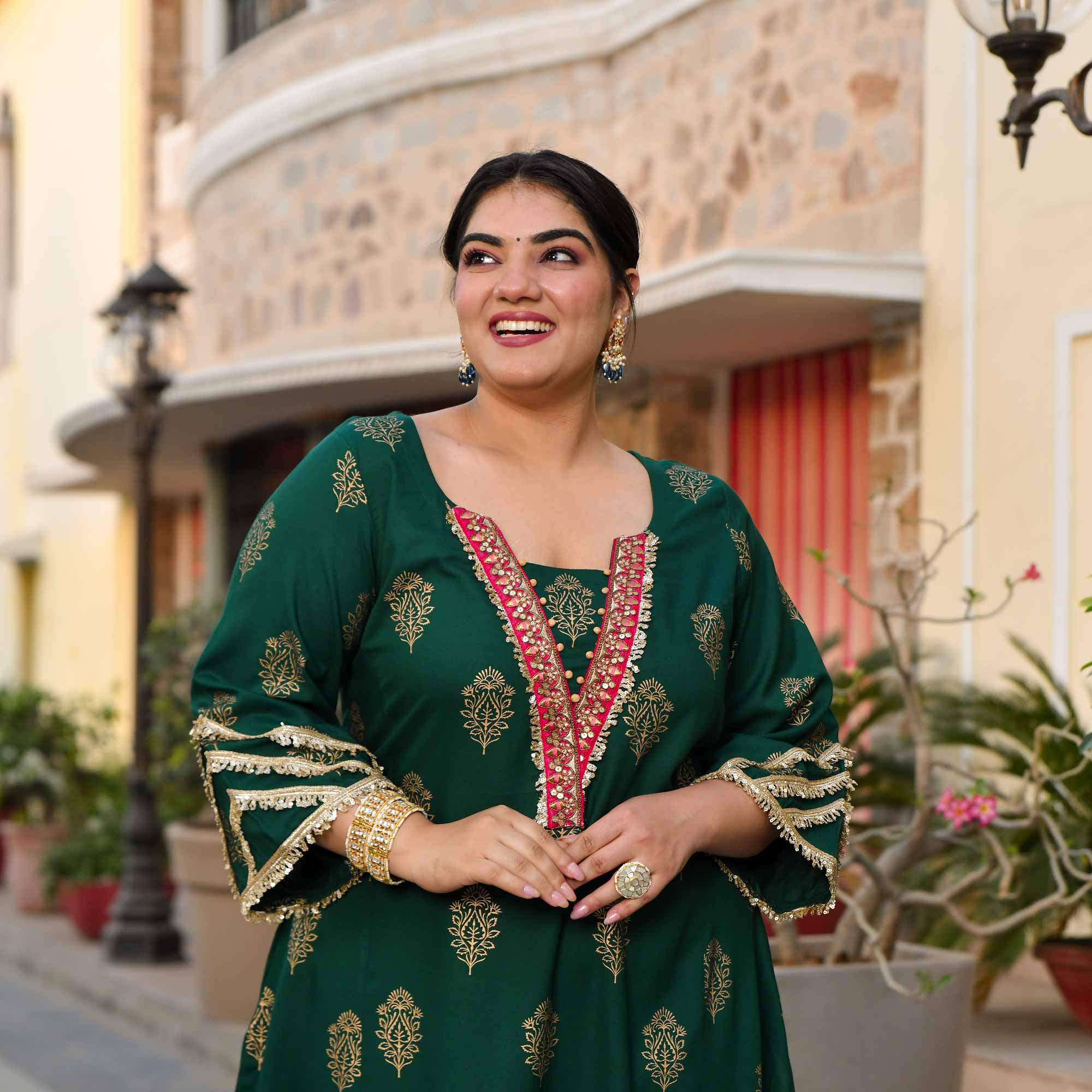 Rasiya - Green & Gold Block Printed Rayon Princess Line Kurta