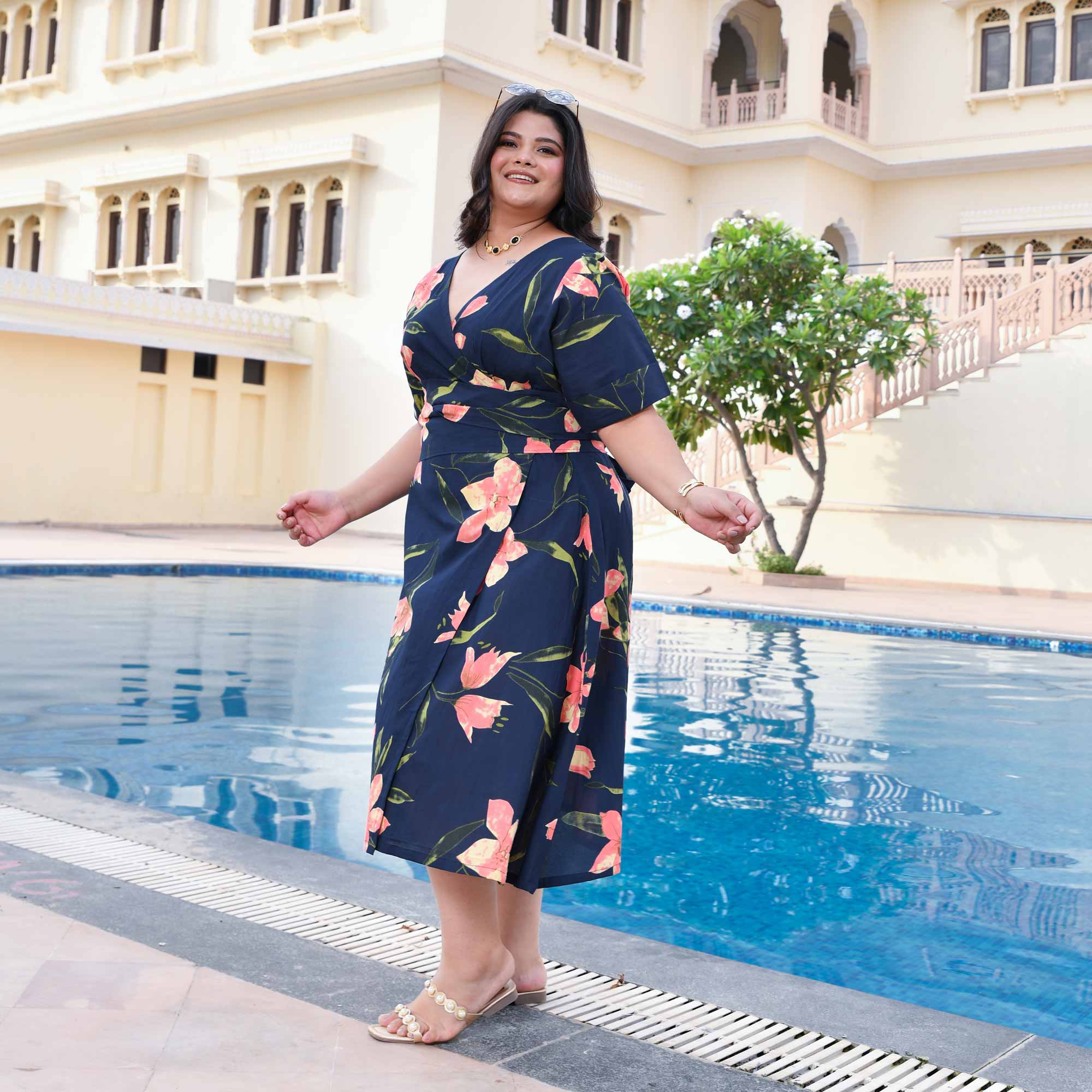 Navy And Peach Petal Delight Cotton Wrap Dress Navy And Peach Petal Delight Cotton Wrap Dress