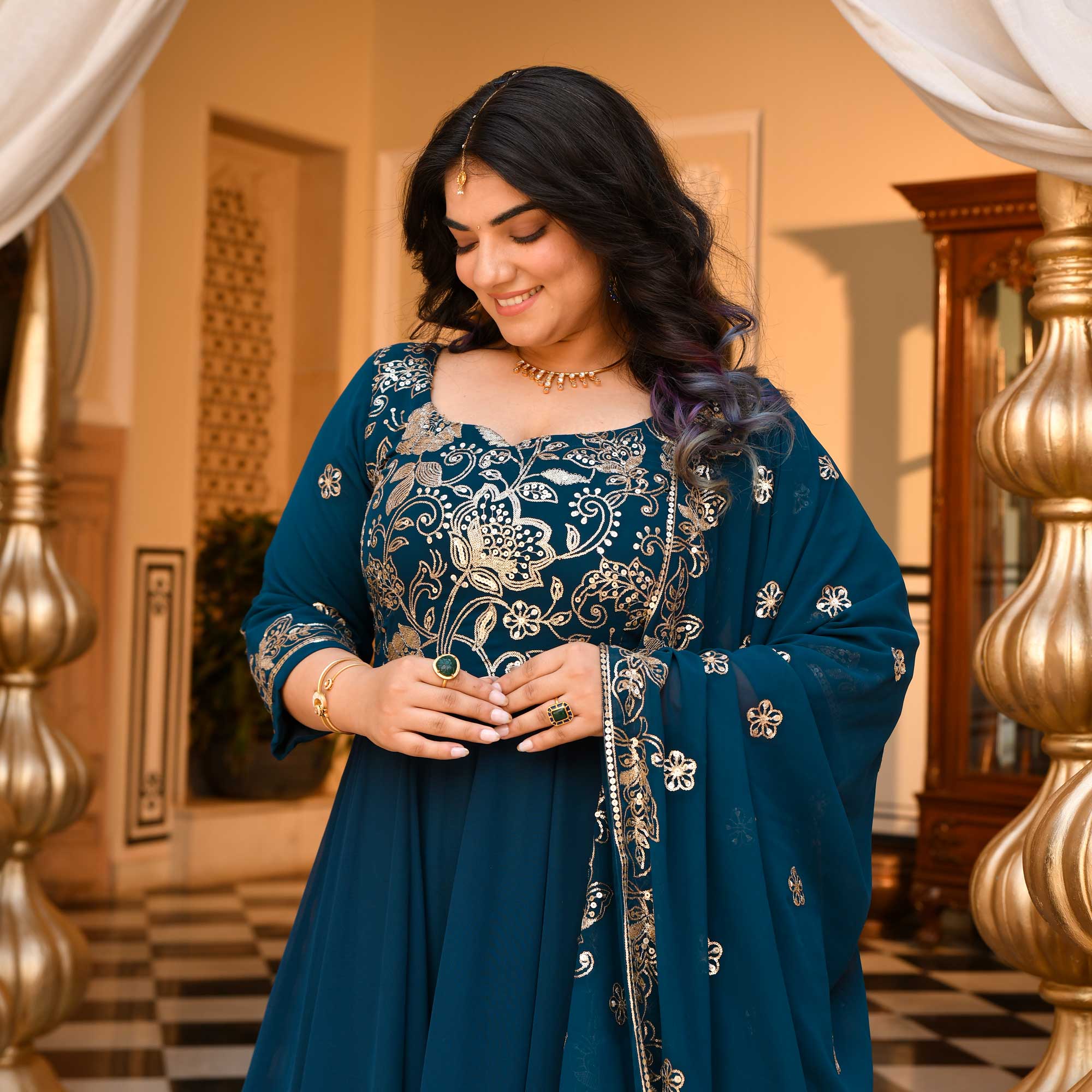 Jahnvi - Deep Prussian Blue Sequin Embroidered Georgette Anarkali Set