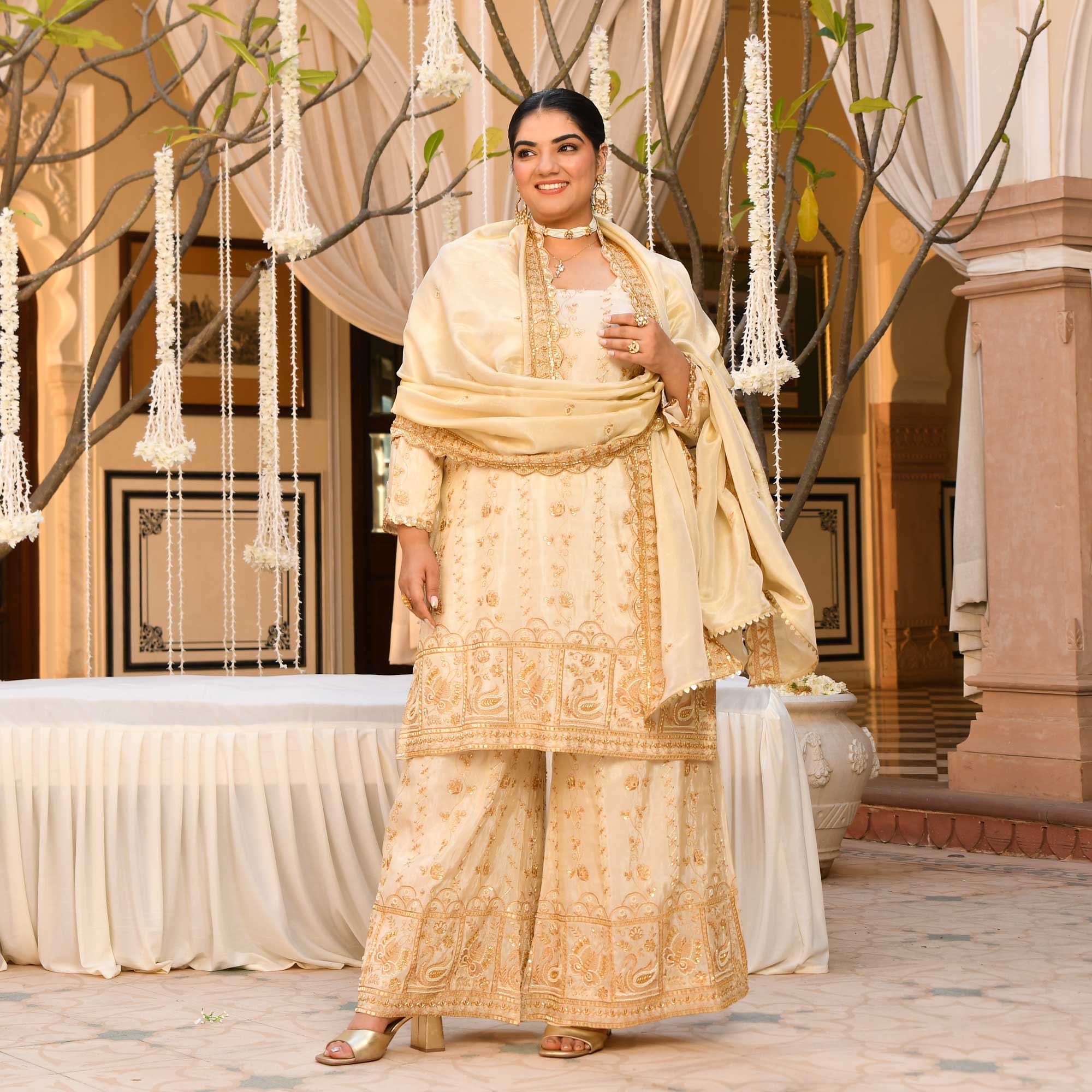 KALKI - Ivory & Gold Cutdana Embroidered Pure Tissue Silk Suit Set KALKI - Ivory & Gold Cutdana Embroidered Pure Tissue Silk Suit Set