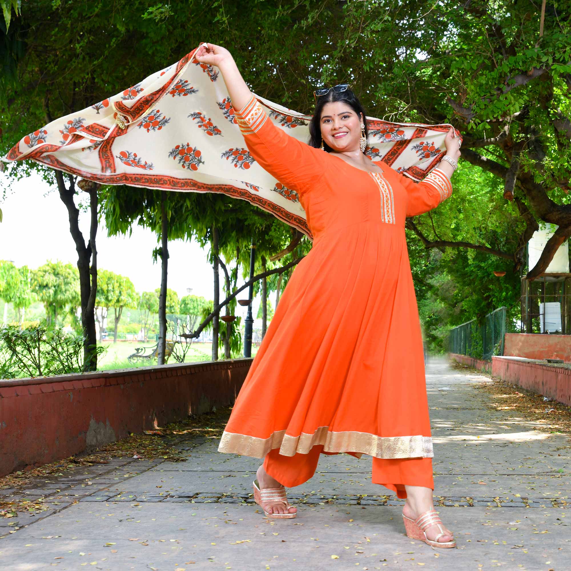 Tangerine Floral Cotton Anarkali Set Tangerine Floral Cotton Anarkali Set