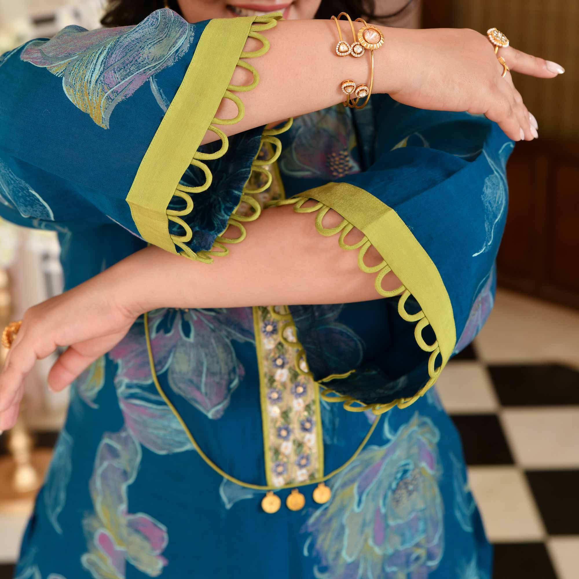 Charming Teal Floral Modal Viscose Aline Kurta Pant Set
