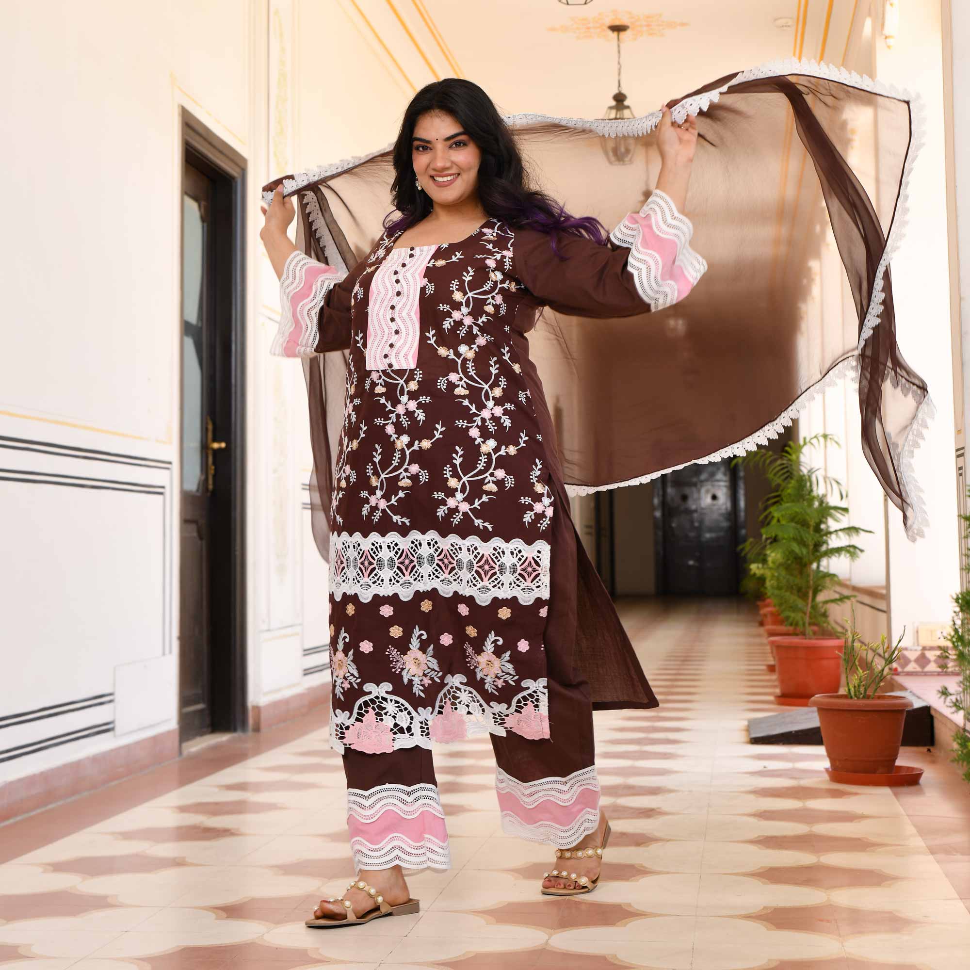 Sahaj- Deep Coffee Chikankari Embroidered Pure Cotton Suit Set Sahaj- Deep Coffee Chikankari Embroidered Pure Cotton Suit Set