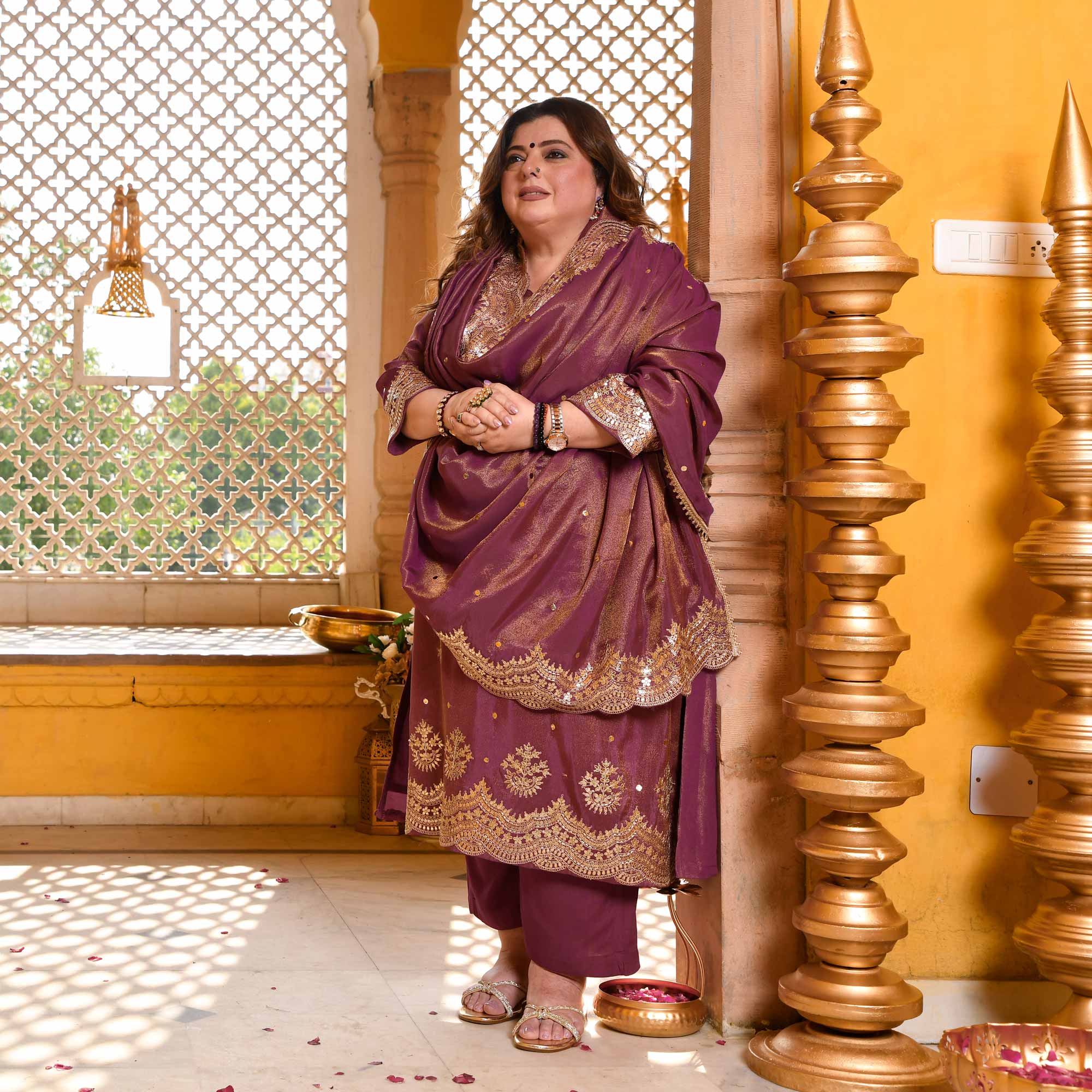 Berry Divine-Purple Pure Tissue Silk Embroidered Suit Set