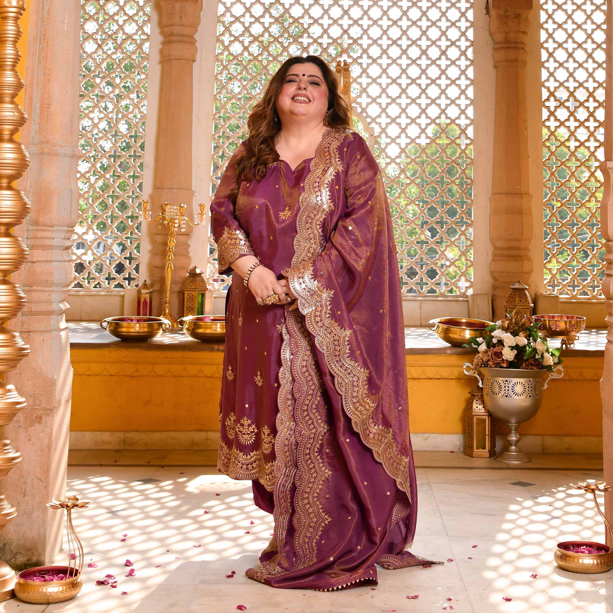 Berry Divine-Purple Pure Tissue Silk Embroidered Suit Set