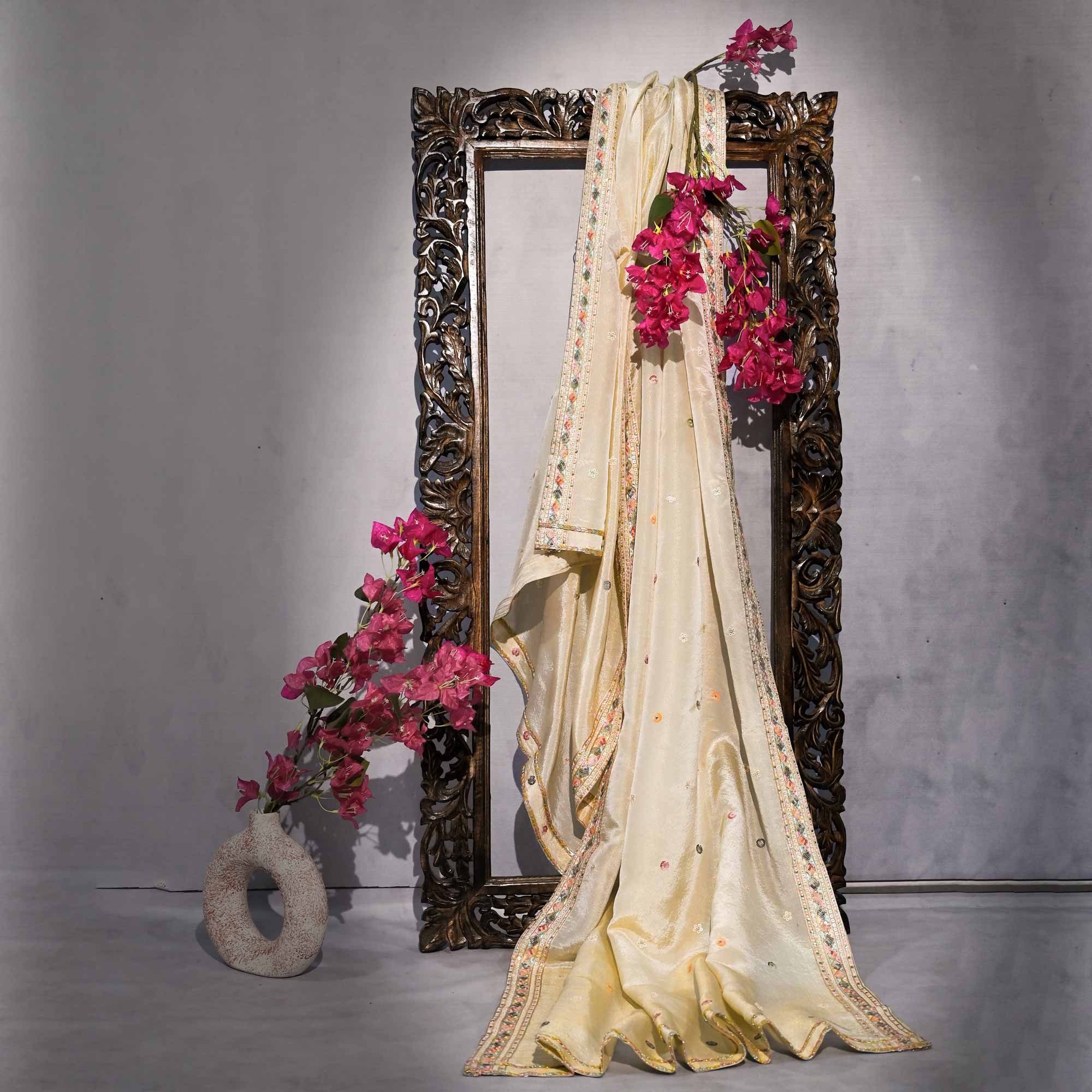 RAGINI Off-White & Gold Sequin Embroidered Pure Tissue Silk Anarkali Set RAGINI Off-White & Gold Sequin Embroidered Pure Tissue Silk Anarkali Set