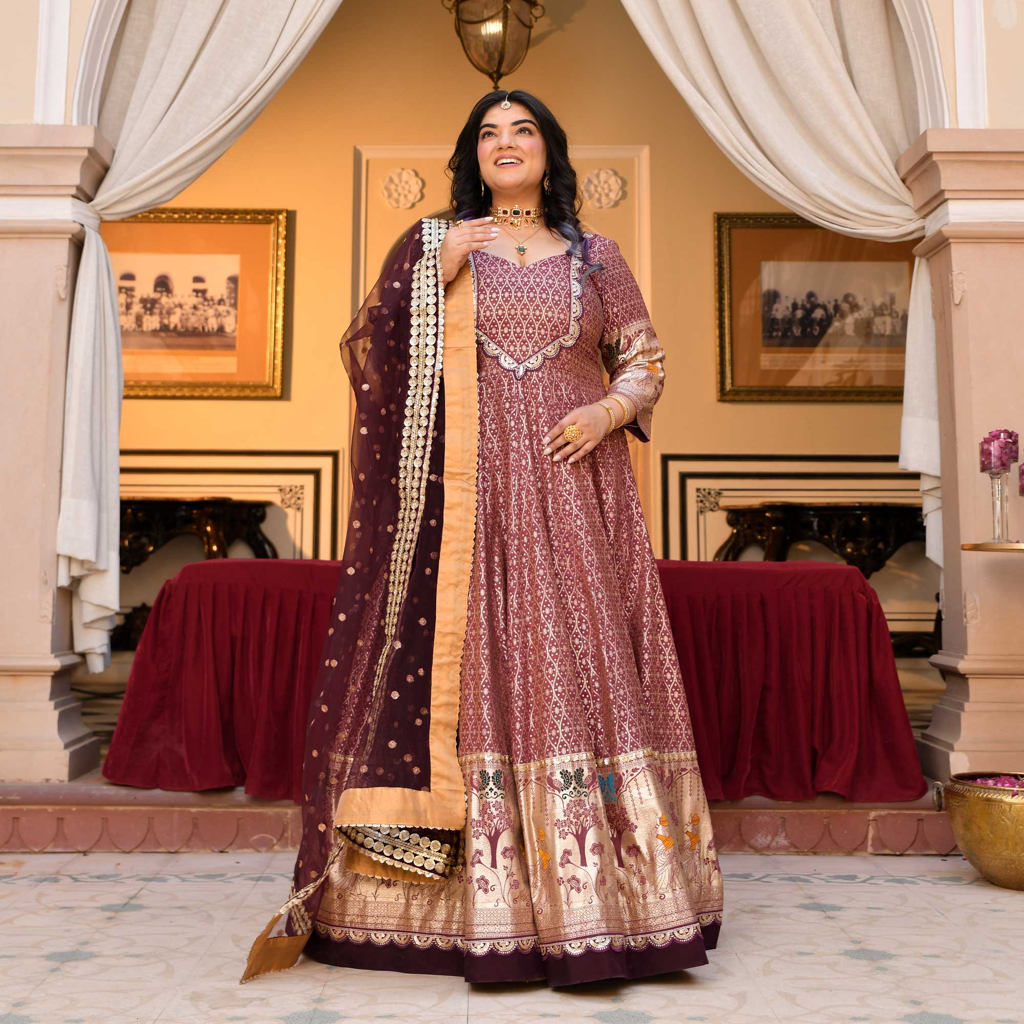 Arunima - Deep Wine Banarasi Silk Anarkali Set Arunima - Deep Wine Banarasi Silk Anarkali Set