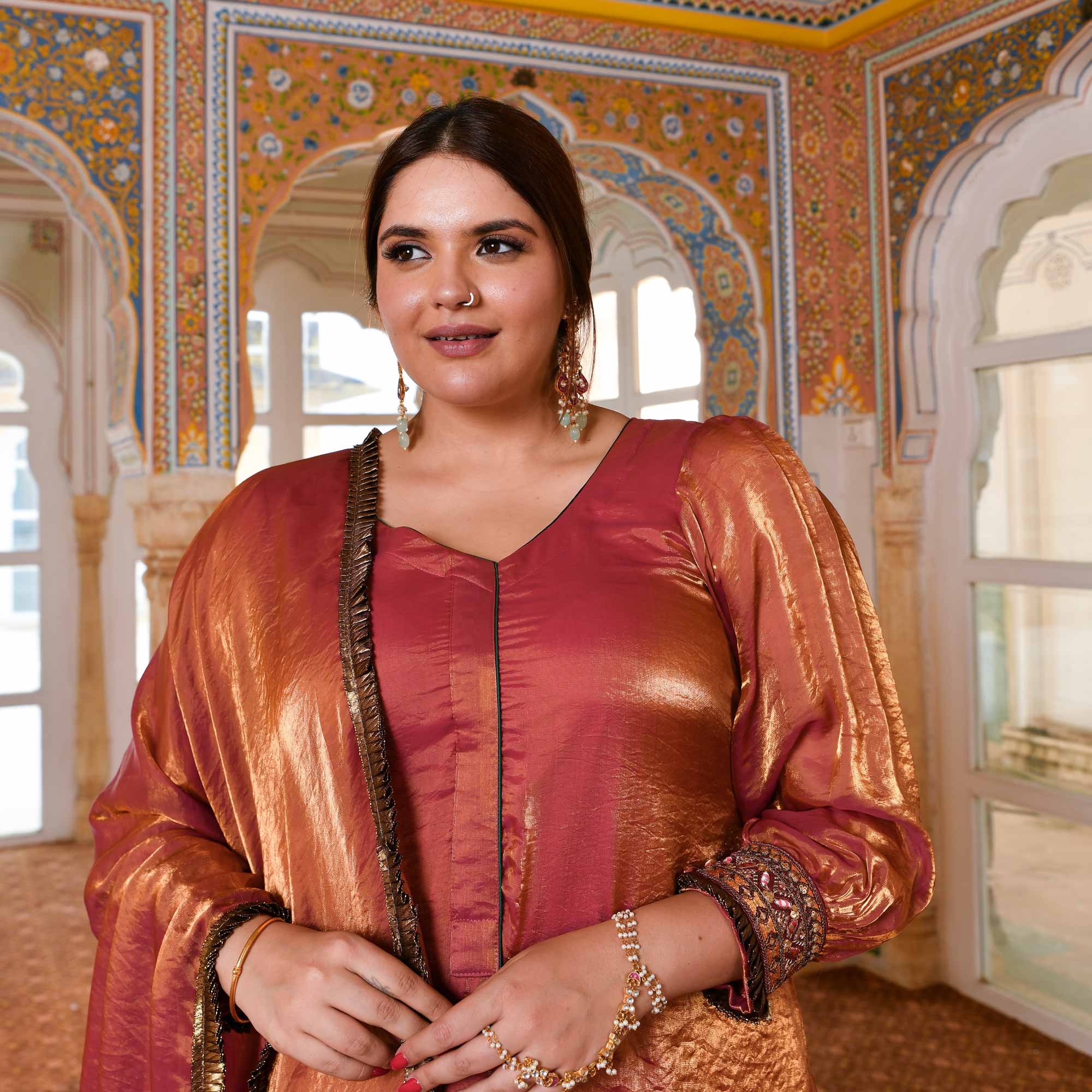 Shahi Ishq- Rustic Copper Tissue Silk Embroidered Suit Set