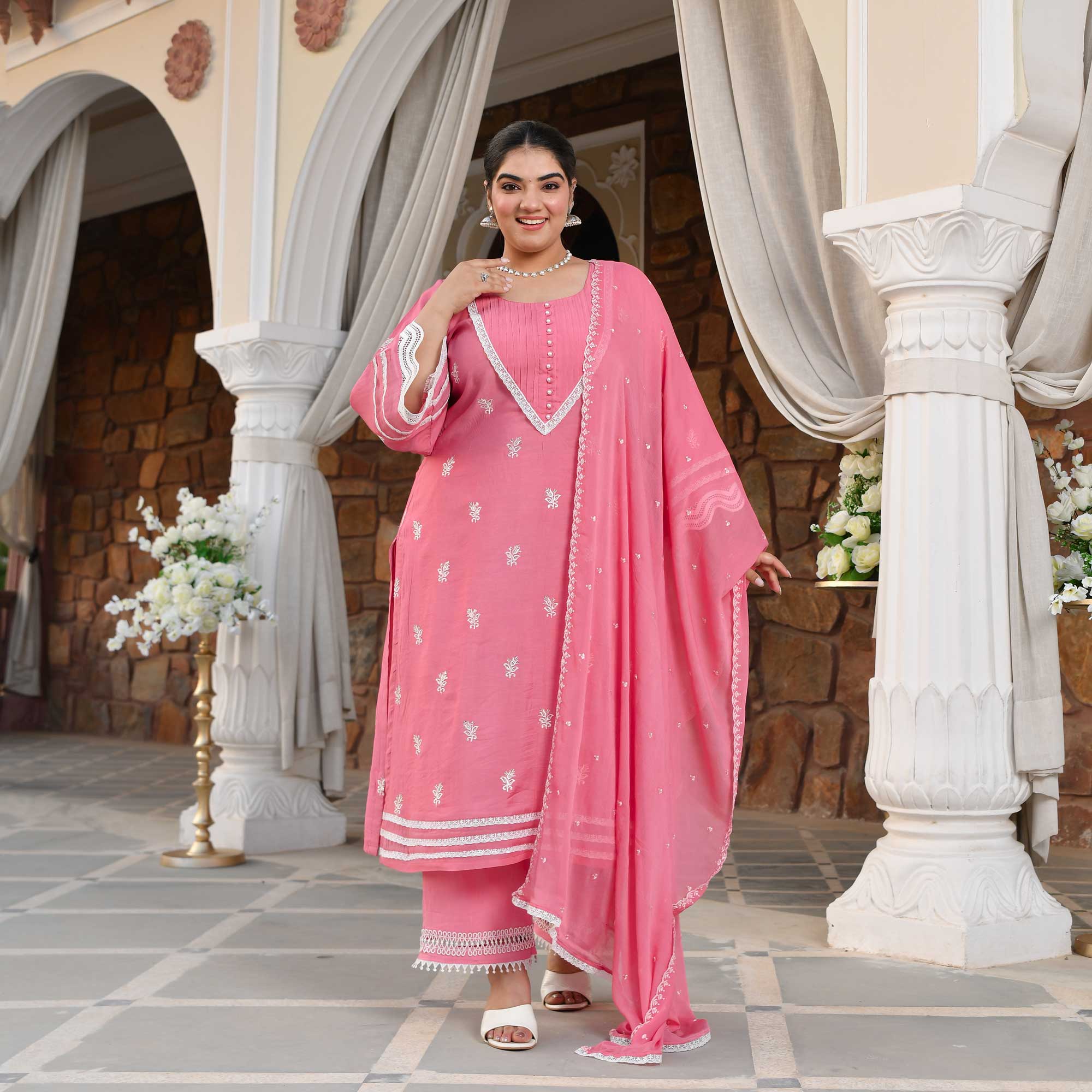 Cadillac Pink Thread Embroidered Muslin Suit Set