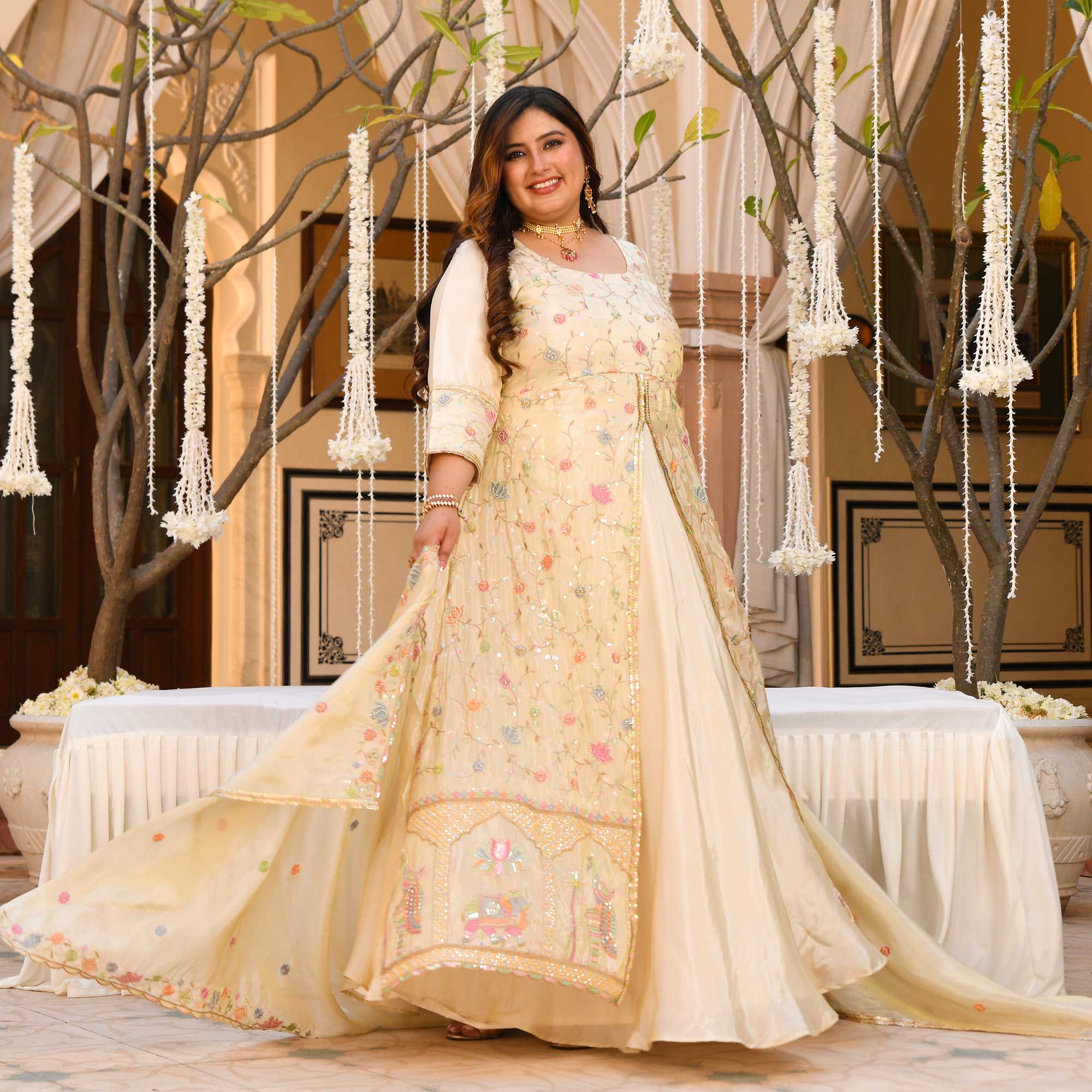 PAALKI - Ivory Cutdana Embroidered Pure Tissue Silk Anarkali PAALKI - Ivory Cutdana Embroidered Pure Tissue Silk Anarkali
