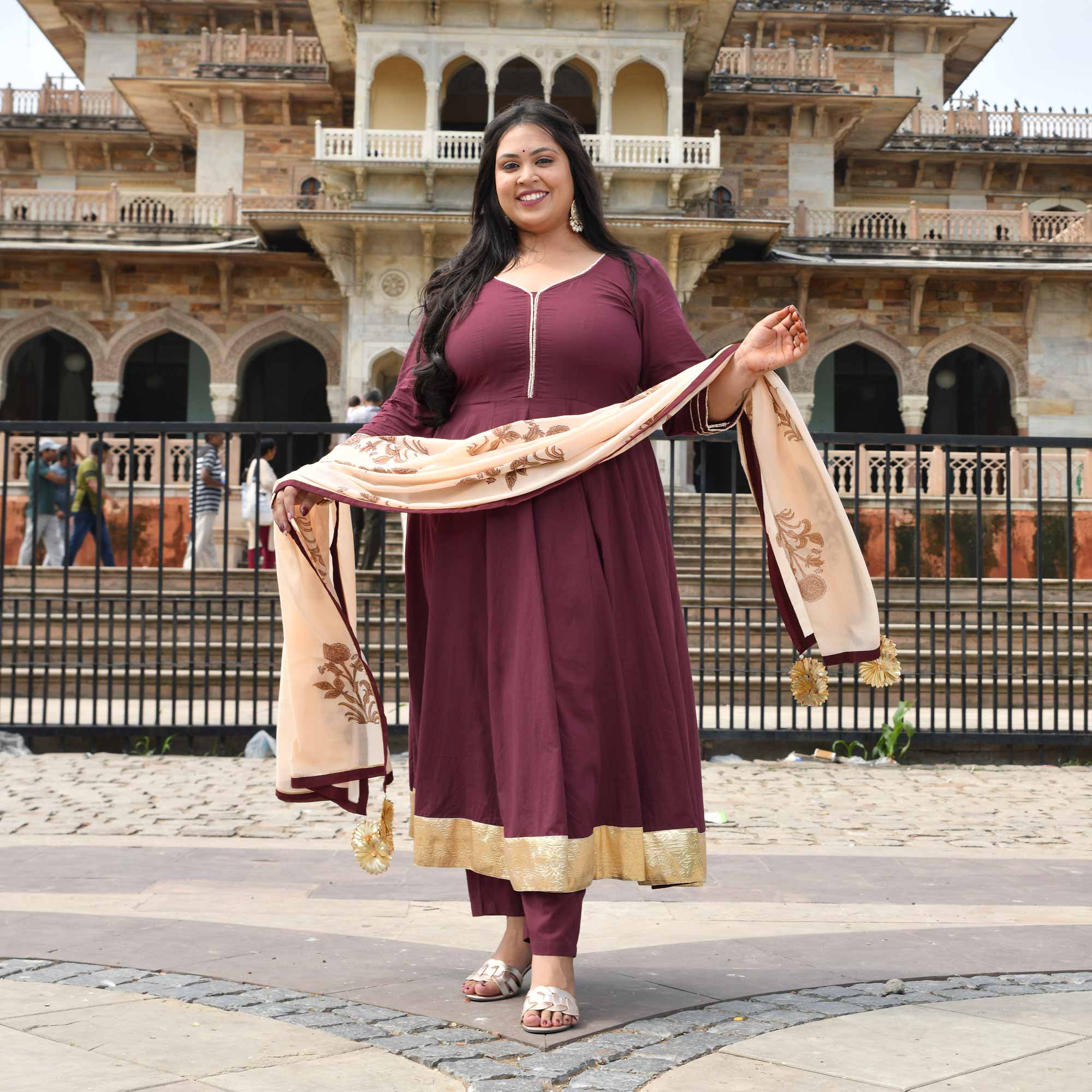 Jewel Wine Floral Cotton Anarkali Set