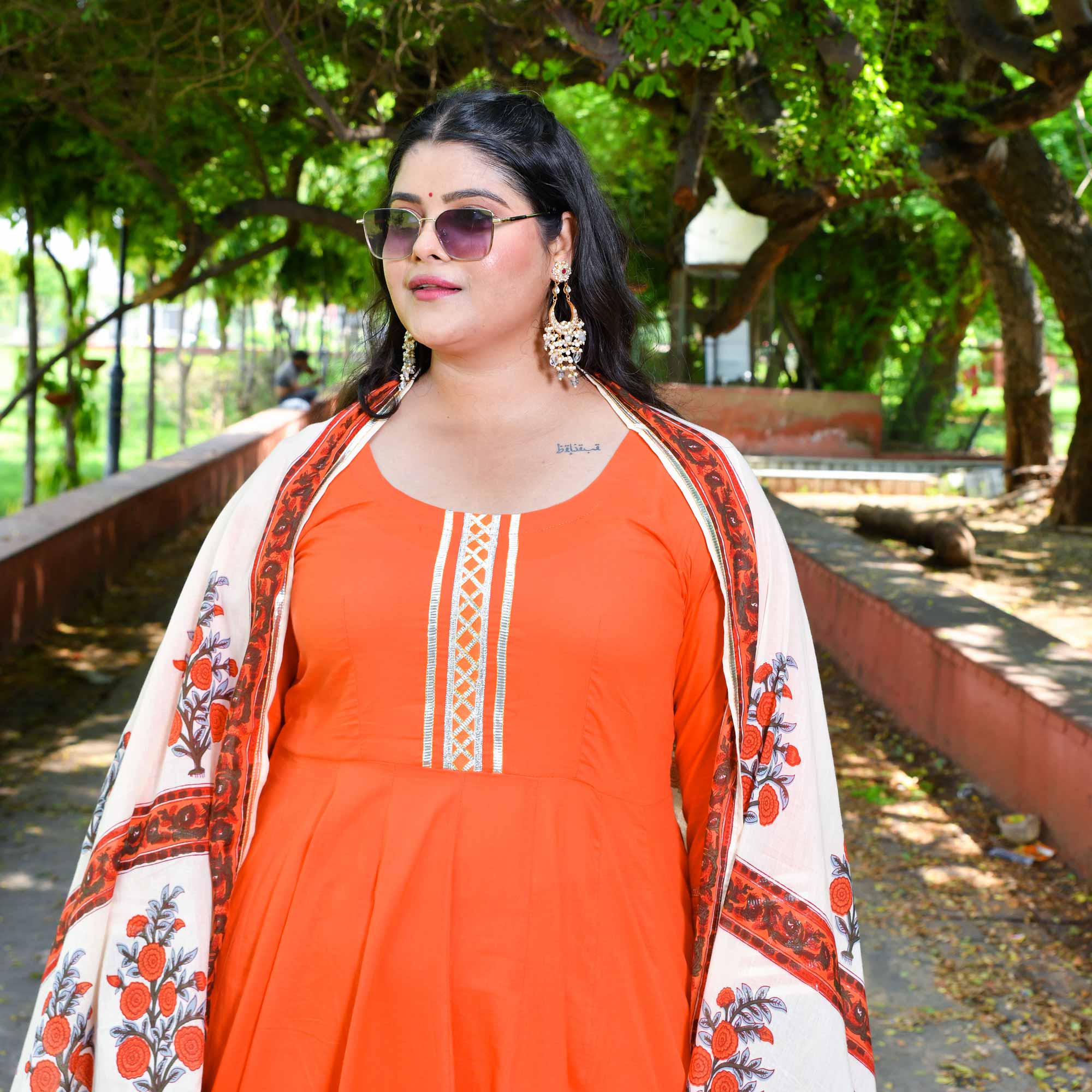 Tangerine Floral Cotton Anarkali Set Tangerine Floral Cotton Anarkali Set