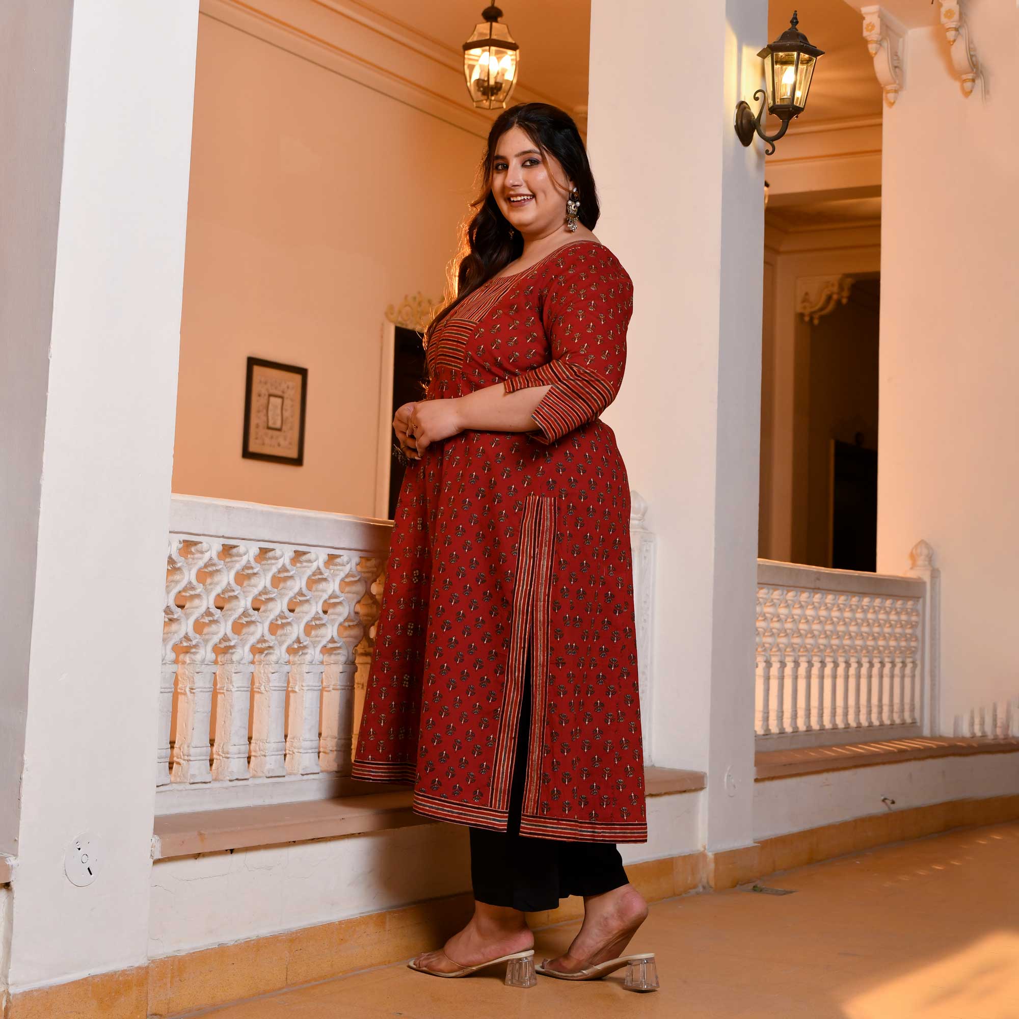 Maati- Earthy Brown Handblock Printed Aline Slit Kurta