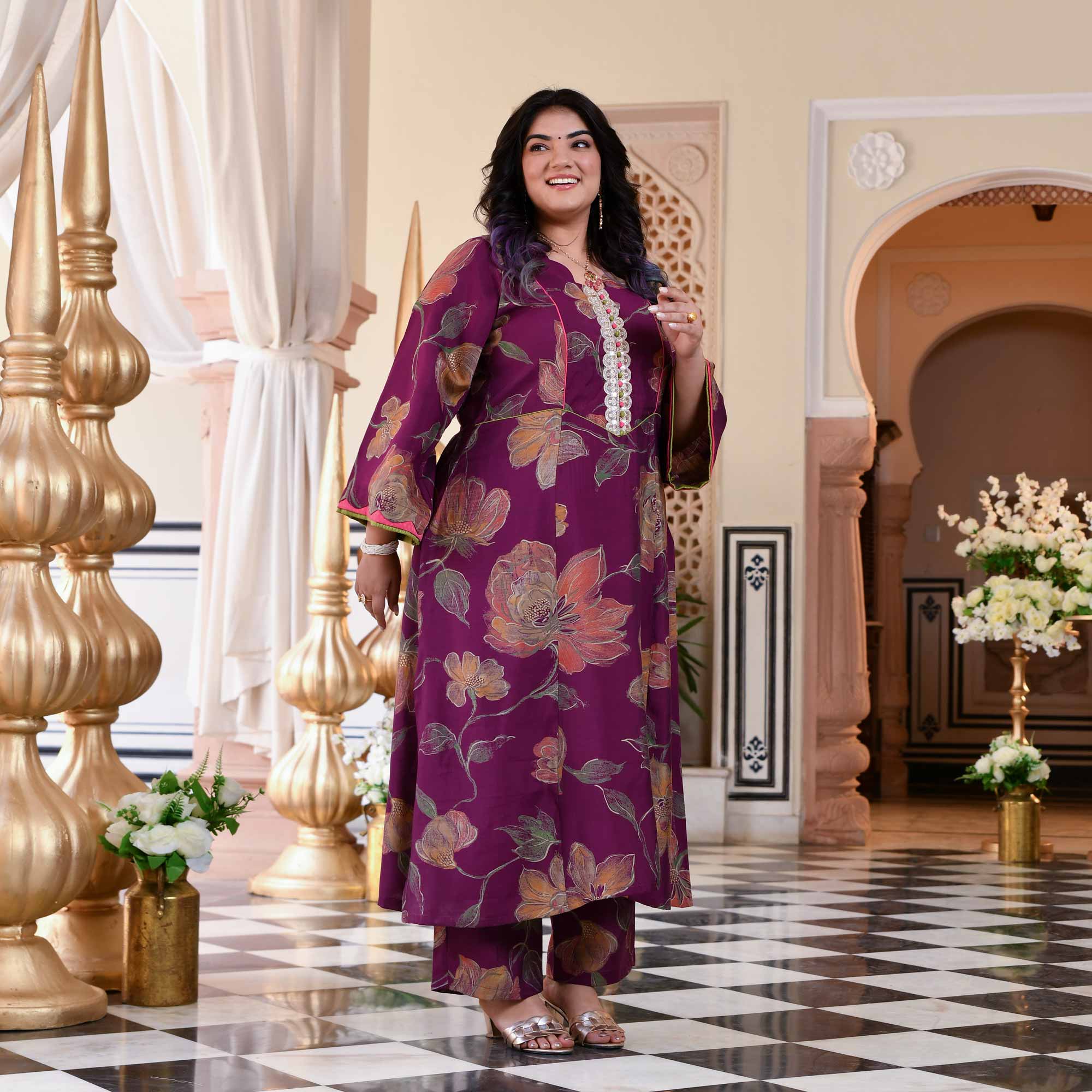 Wine Berry Floral Modal Viscose Aline Kurta Pant Set Wine Berry Floral Modal Viscose Aline Kurta Pant Set
