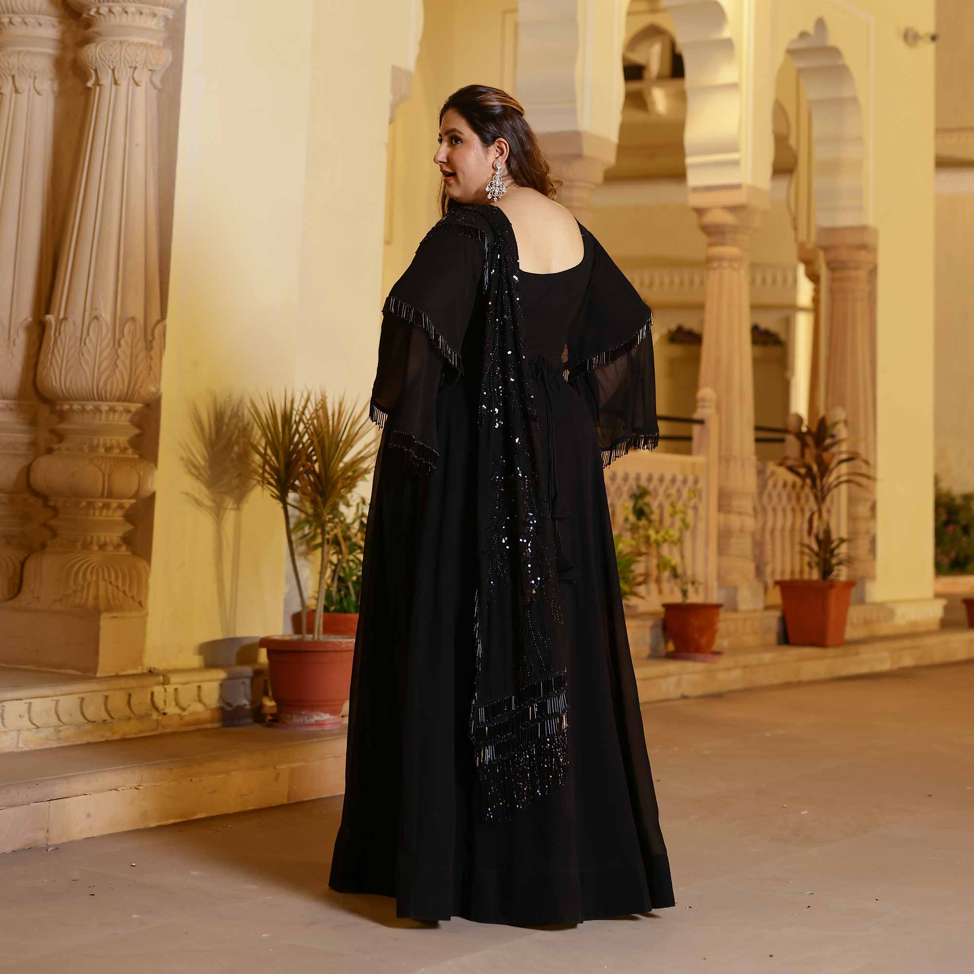 Luxe Ebony Cutdana Georgette Anarkali with Belt drape (Black) Luxe Ebony Cutdana Georgette Anarkali with Belt drape (Black)