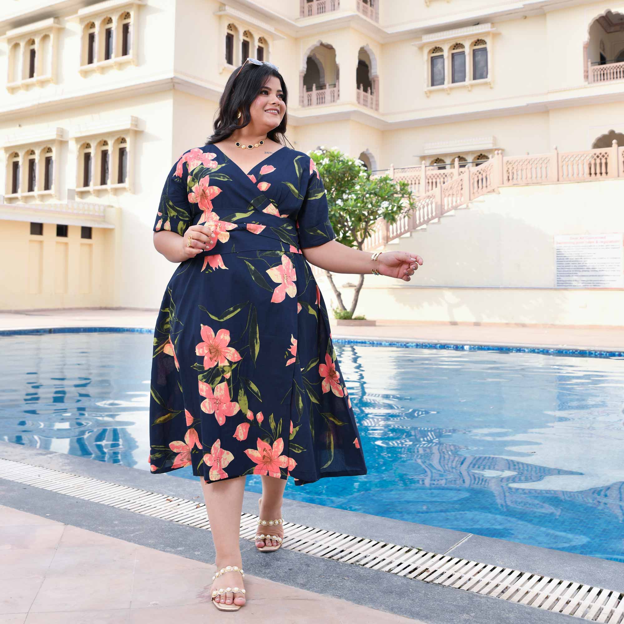 Navy And Peach Petal Delight Cotton Wrap Dress Navy And Peach Petal Delight Cotton Wrap Dress